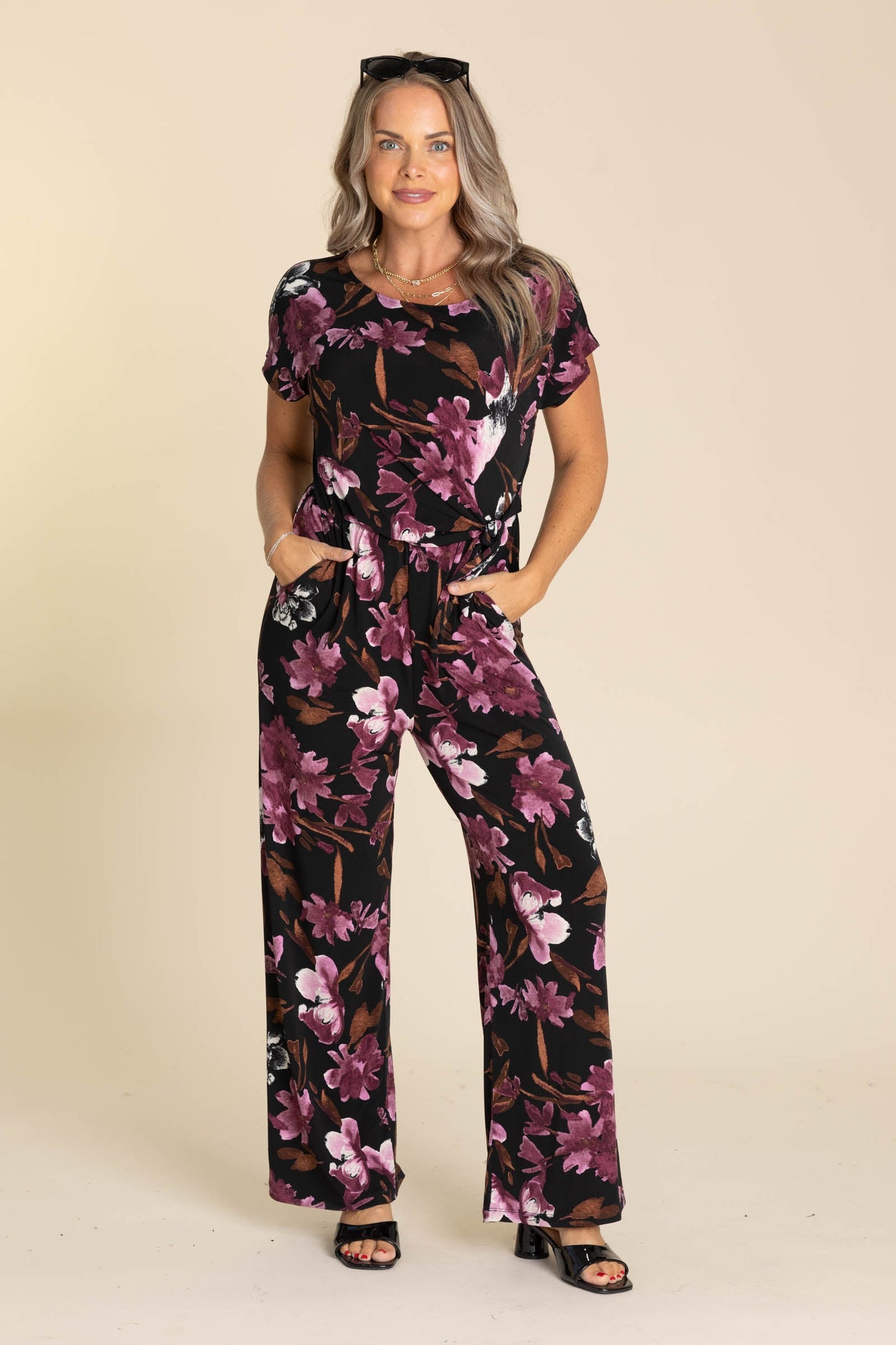 Black And Plum Floral Short Sleeve Jumpsuit
