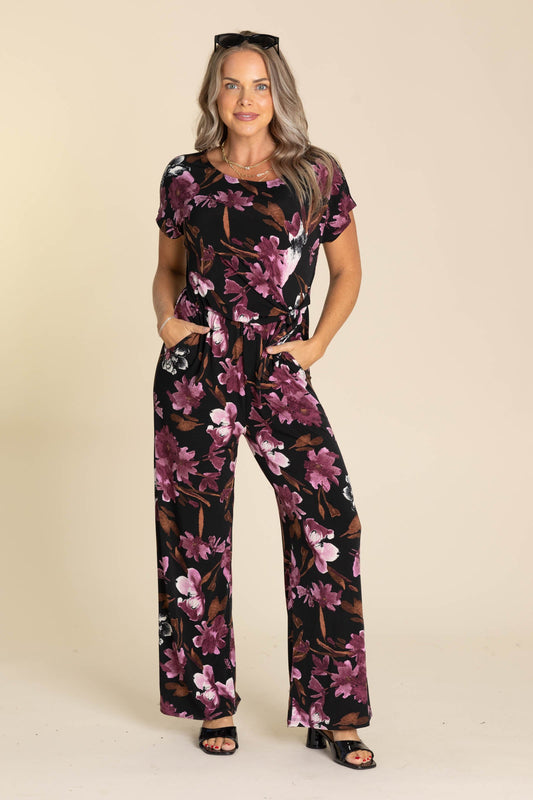 Black And Plum Floral Short Sleeve Jumpsuit
