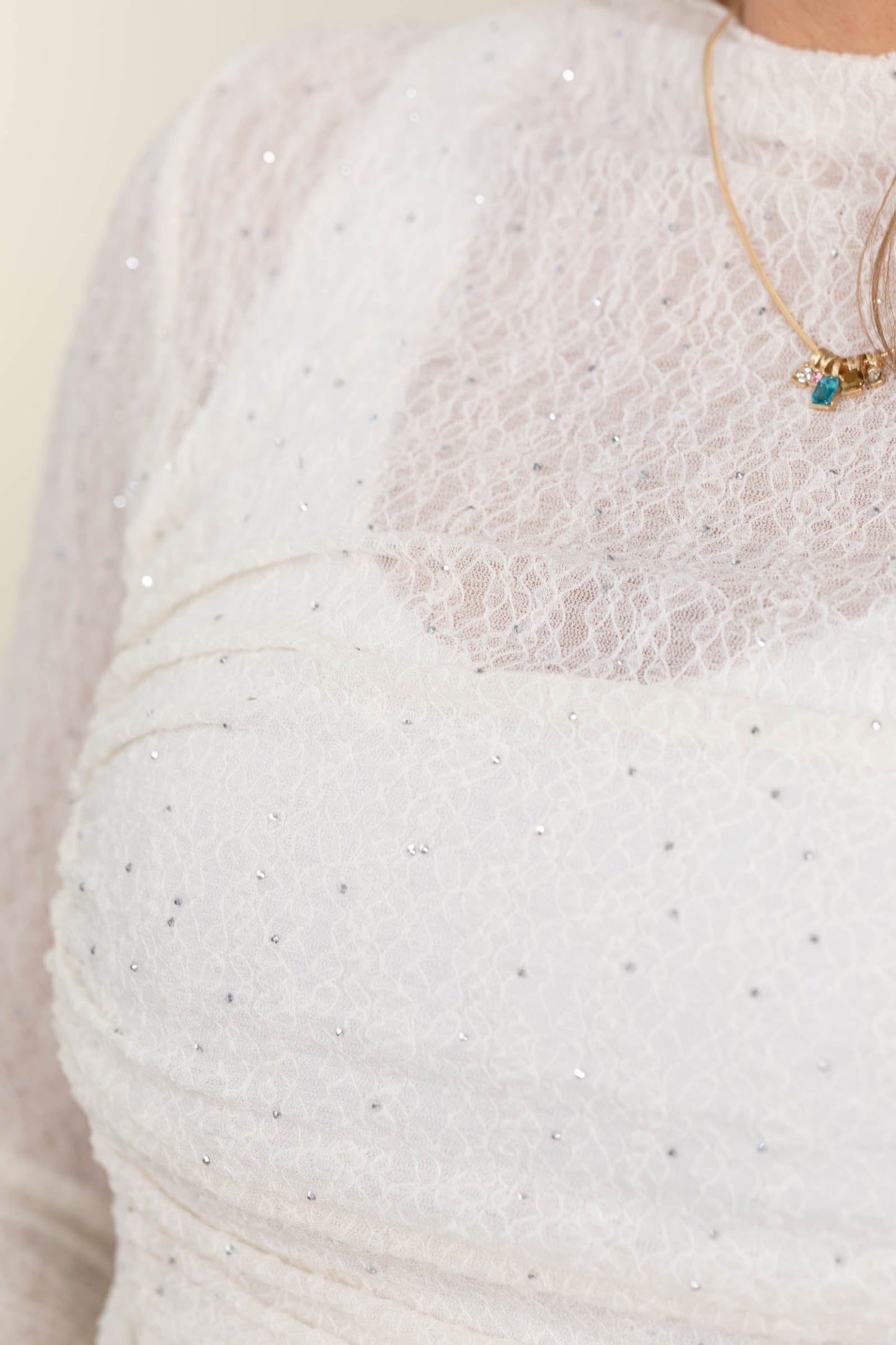 Cream Embellished Lace With Ruched Knit Top