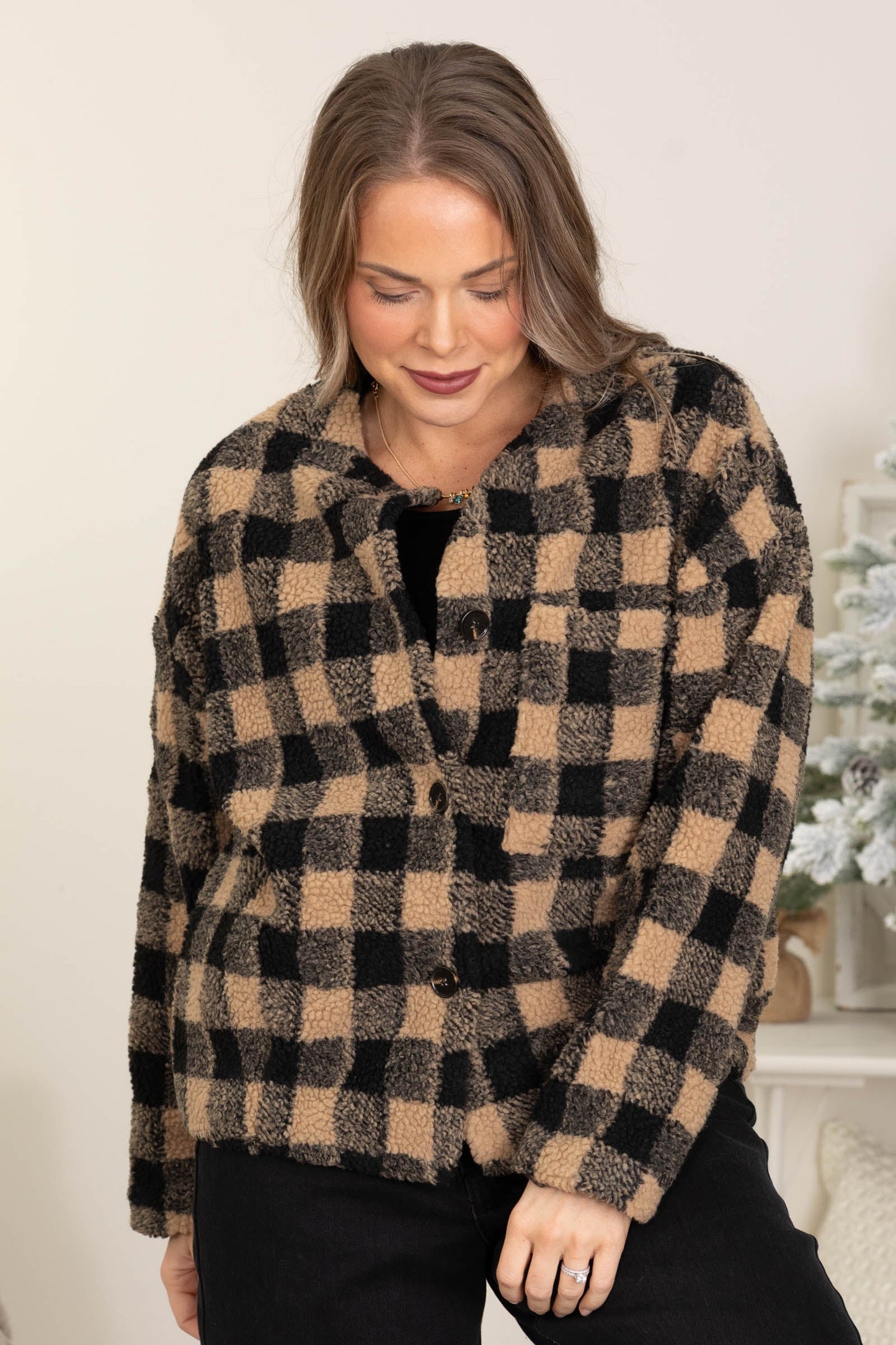 Black And Tan Plaid Sherpa Button Jacket