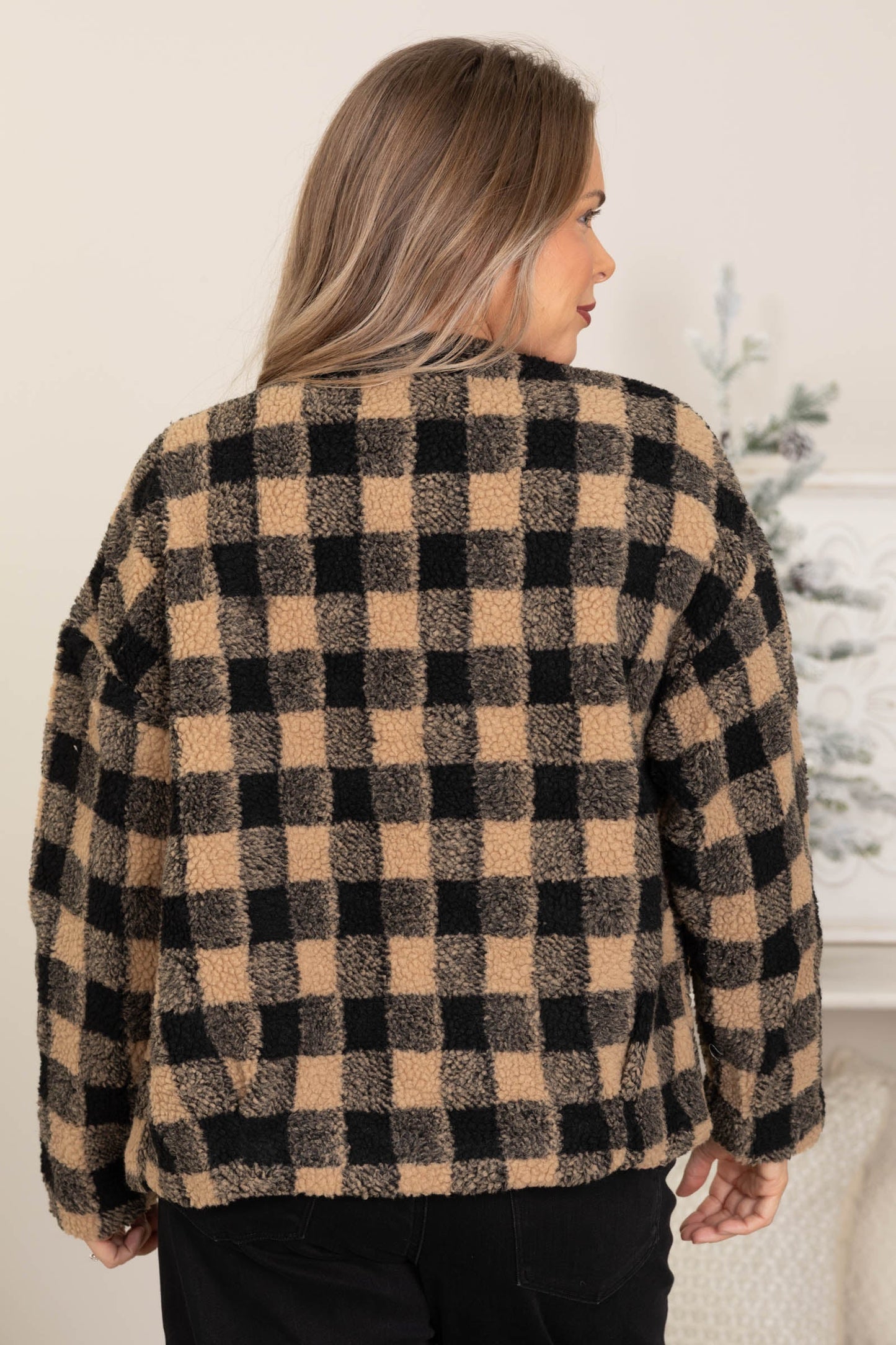 Black And Tan Plaid Sherpa Button Jacket