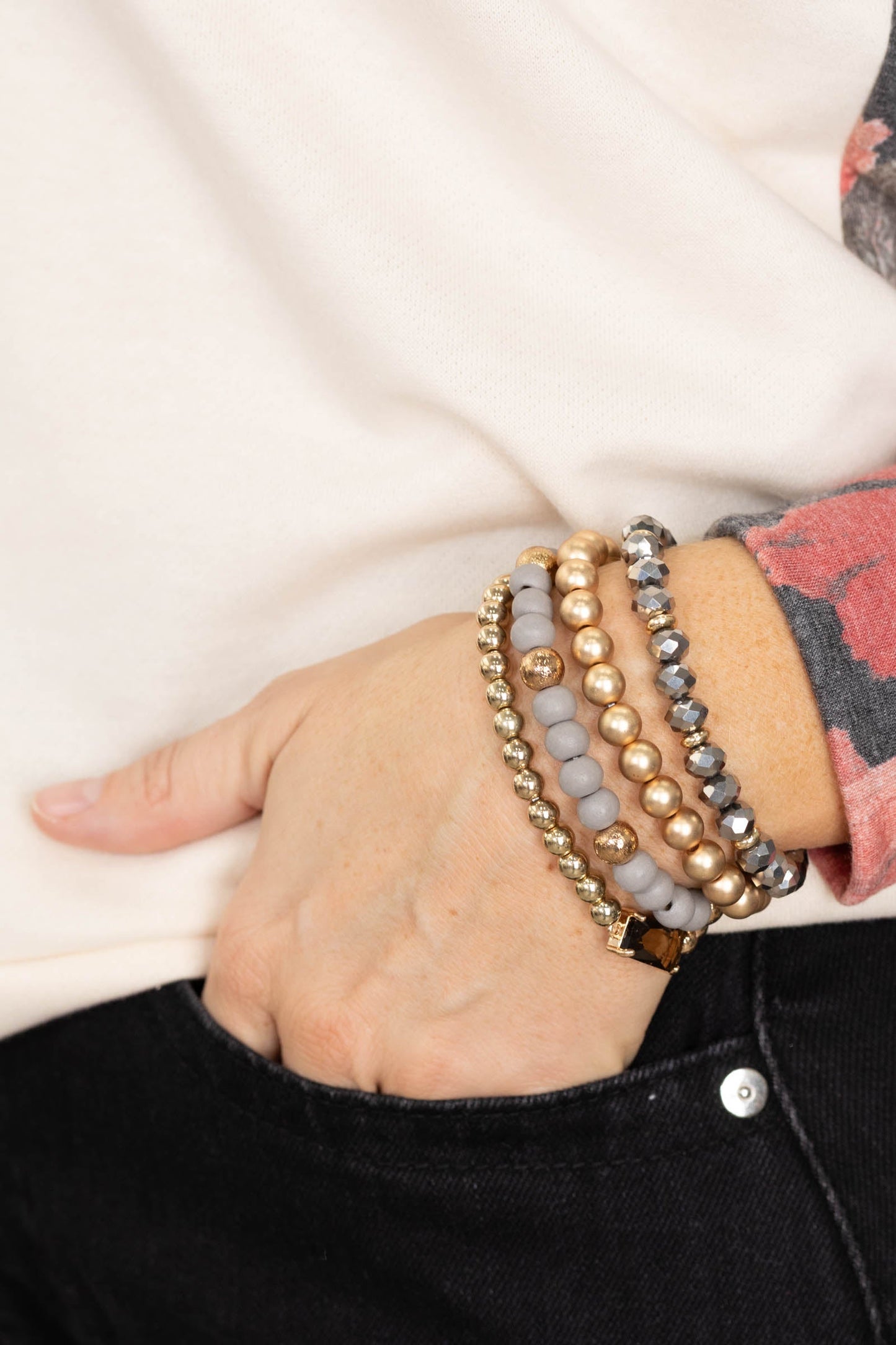 Grey Wood Crystal Beaded Set of 4 Bracelets