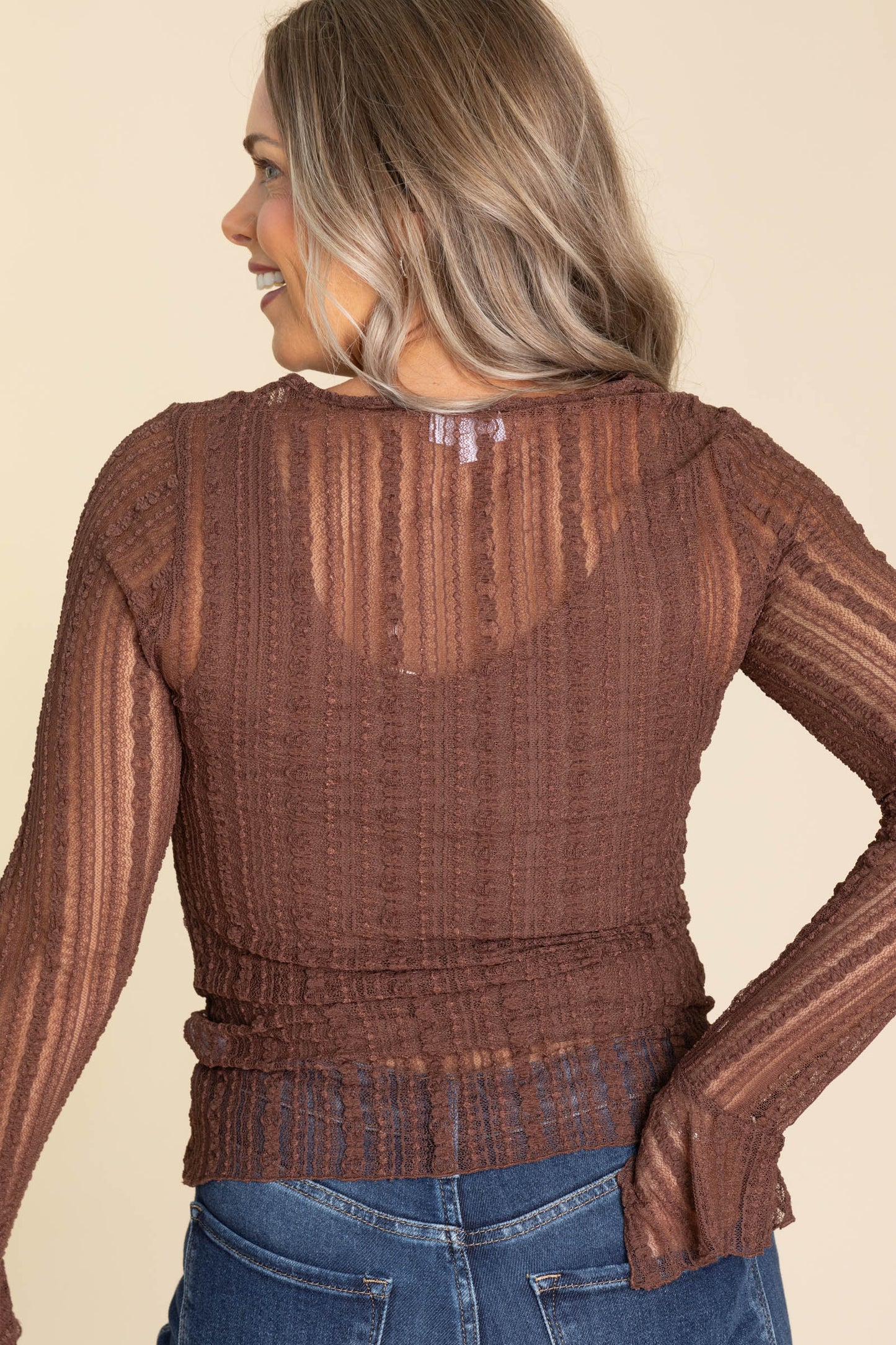 Brown Lace Ruffle Detail Knit Top