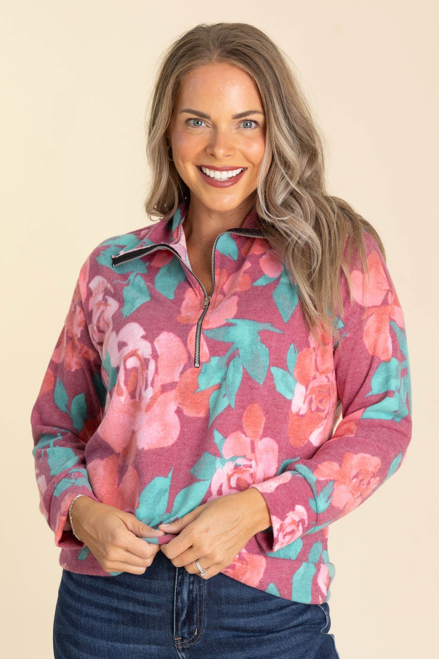 Rose Floral Zip Up Brushed Hacci Knit Top
