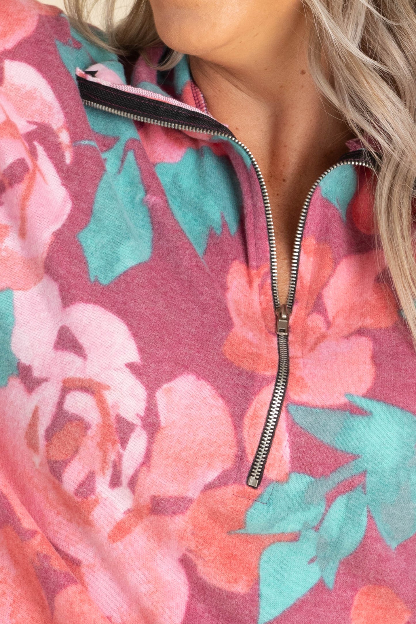 Rose Floral Zip Up Brushed Hacci Knit Top