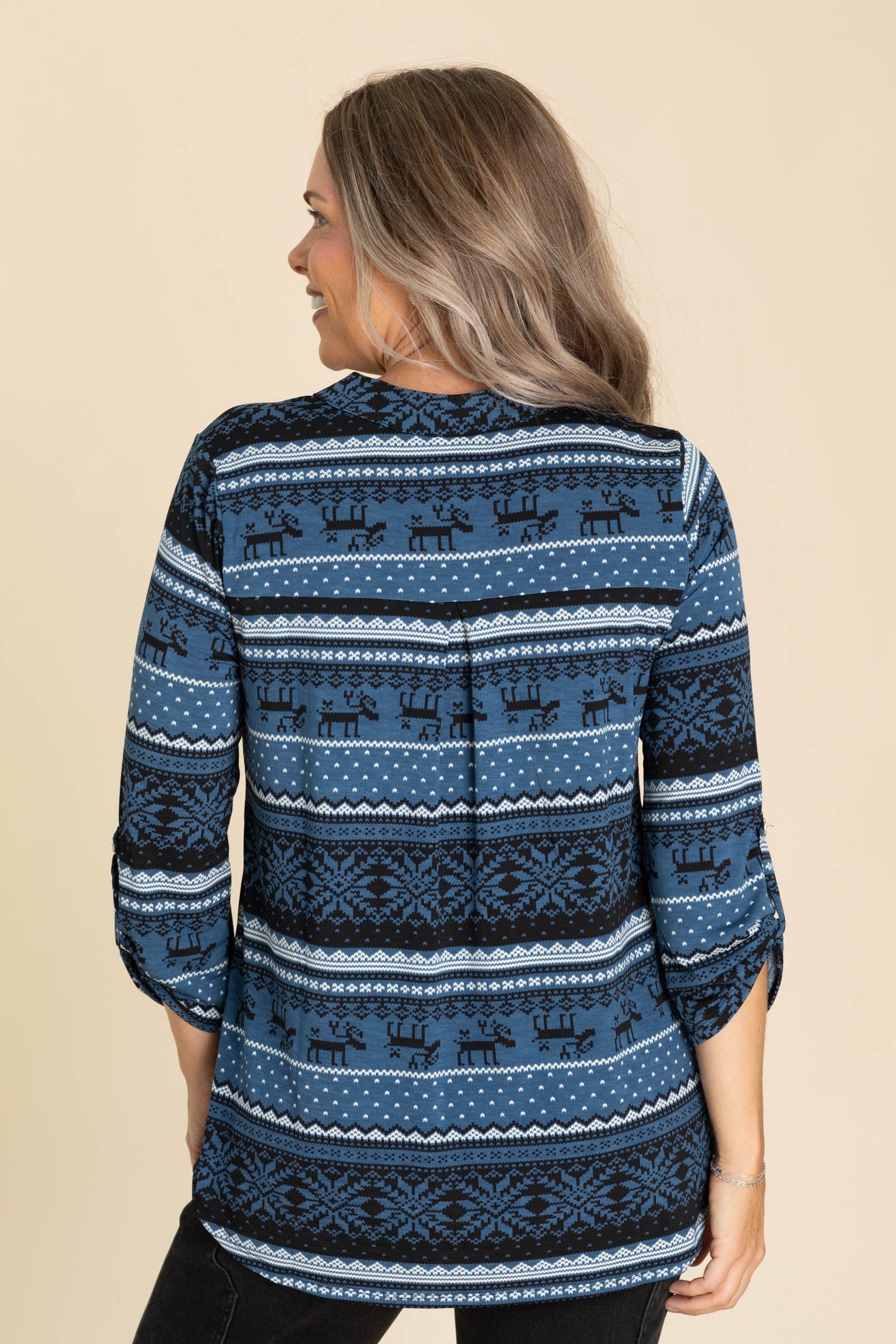 Slate Blue Reindeer Lizzy Wrinkle Free Top