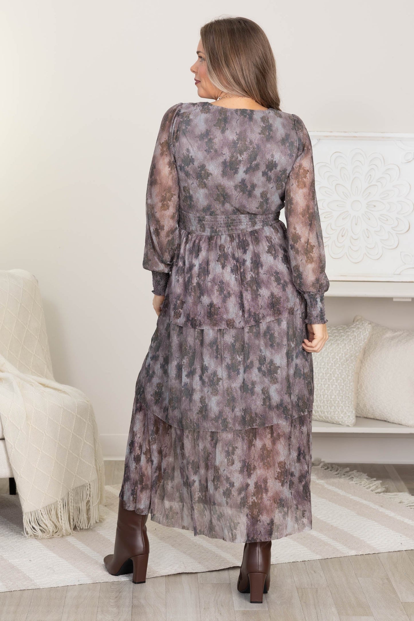 Silver Tiered Floral Metallic Print Maxi Dress