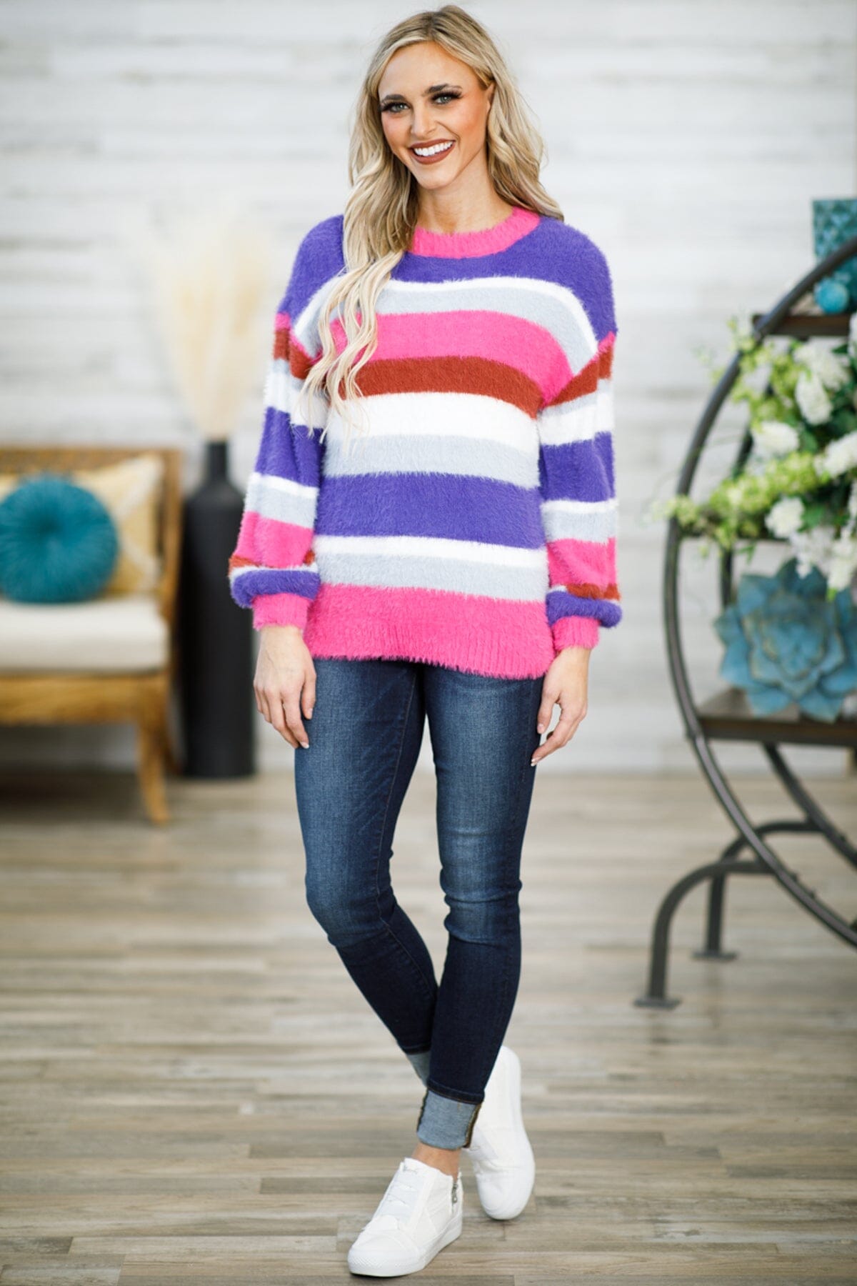 Hot Pink and Purple Multicolor Stripe Sweater