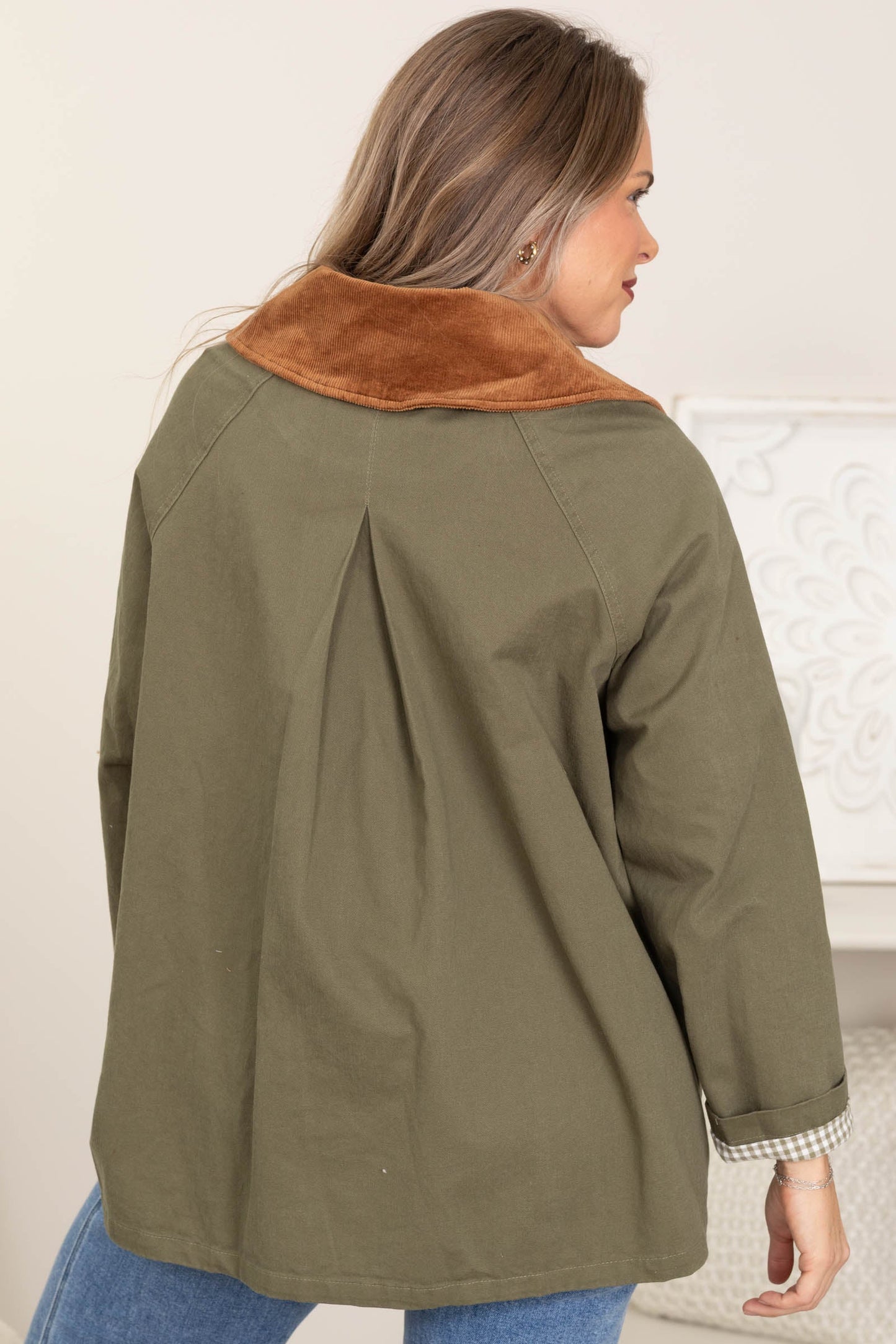 Olive Cotton Jacket With Corduroy Contrast Collar