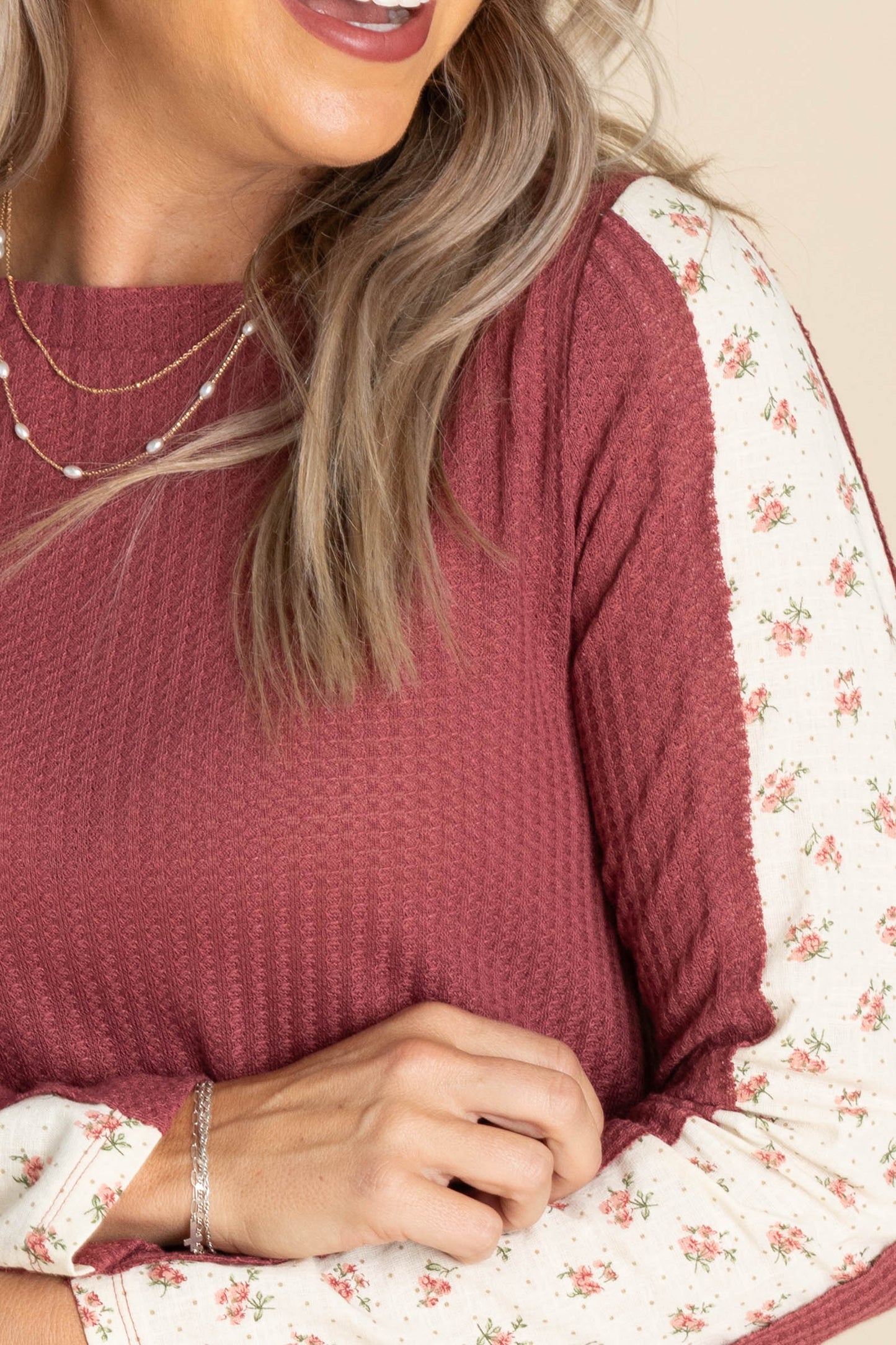 Waffle Knit Boat Neck Tops With Floral Trim