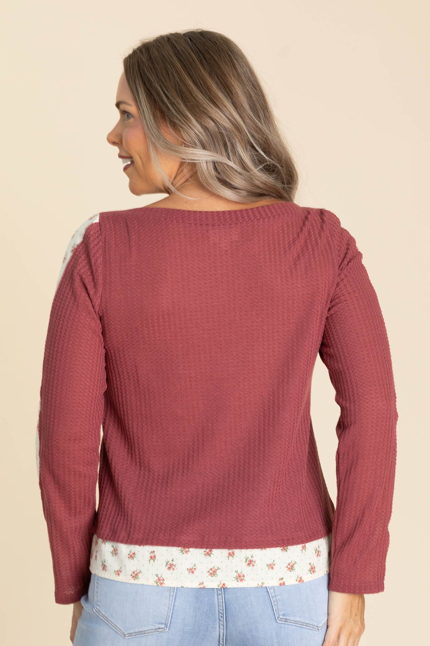 Waffle Knit Boat Neck Tops With Floral Trim