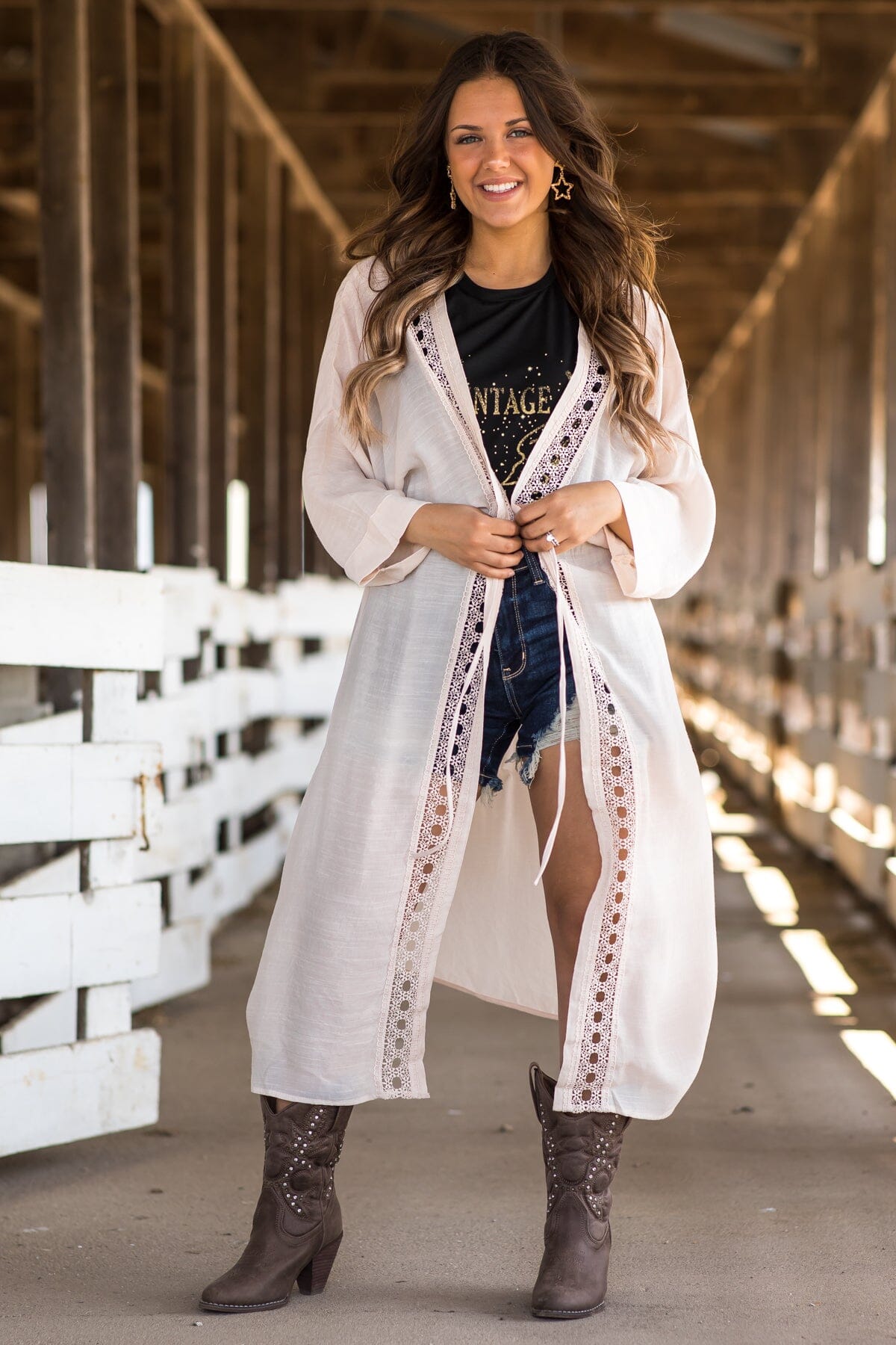 Beige Crochet Trim Duster Length Kimono