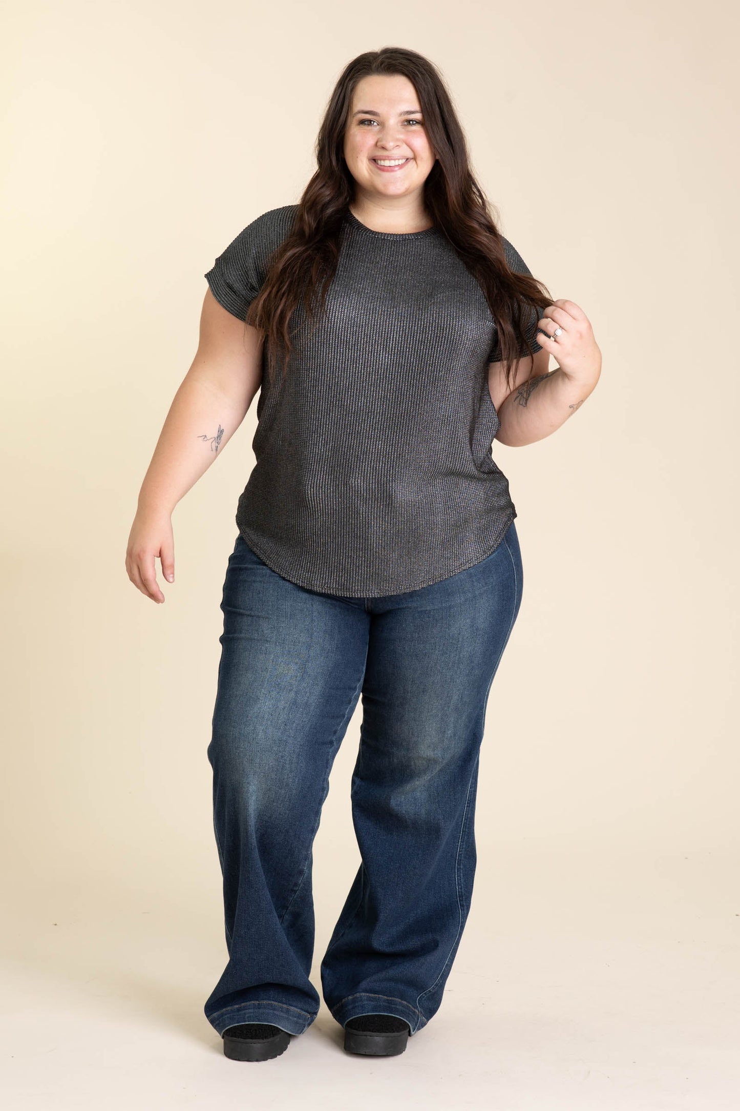 Metallic Black Cap Sleeve Textured Knit Top