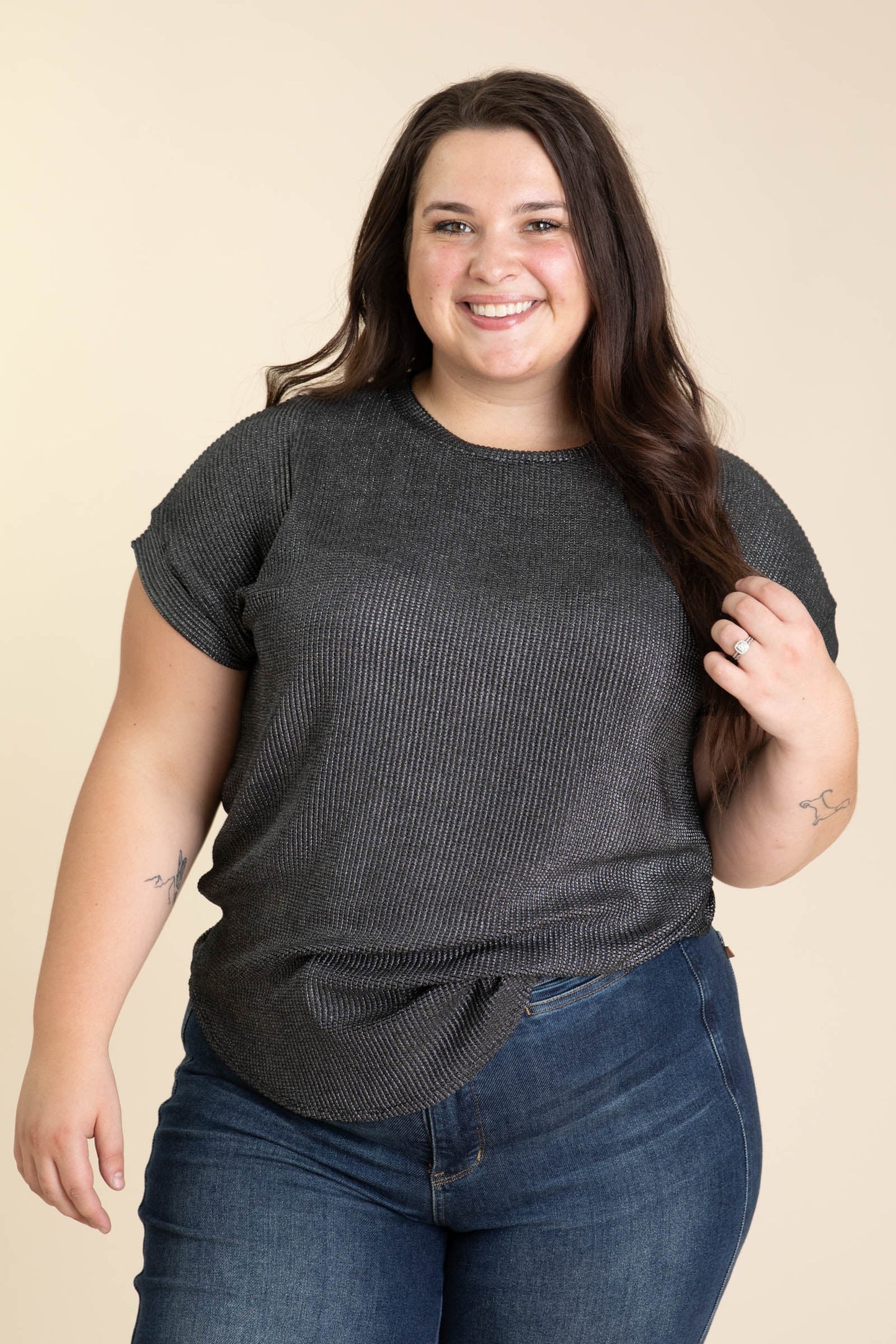 Metallic Black Cap Sleeve Textured Knit Top