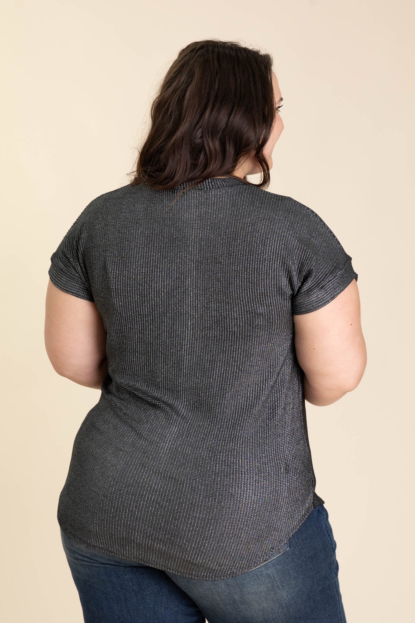 Metallic Black Cap Sleeve Textured Knit Top