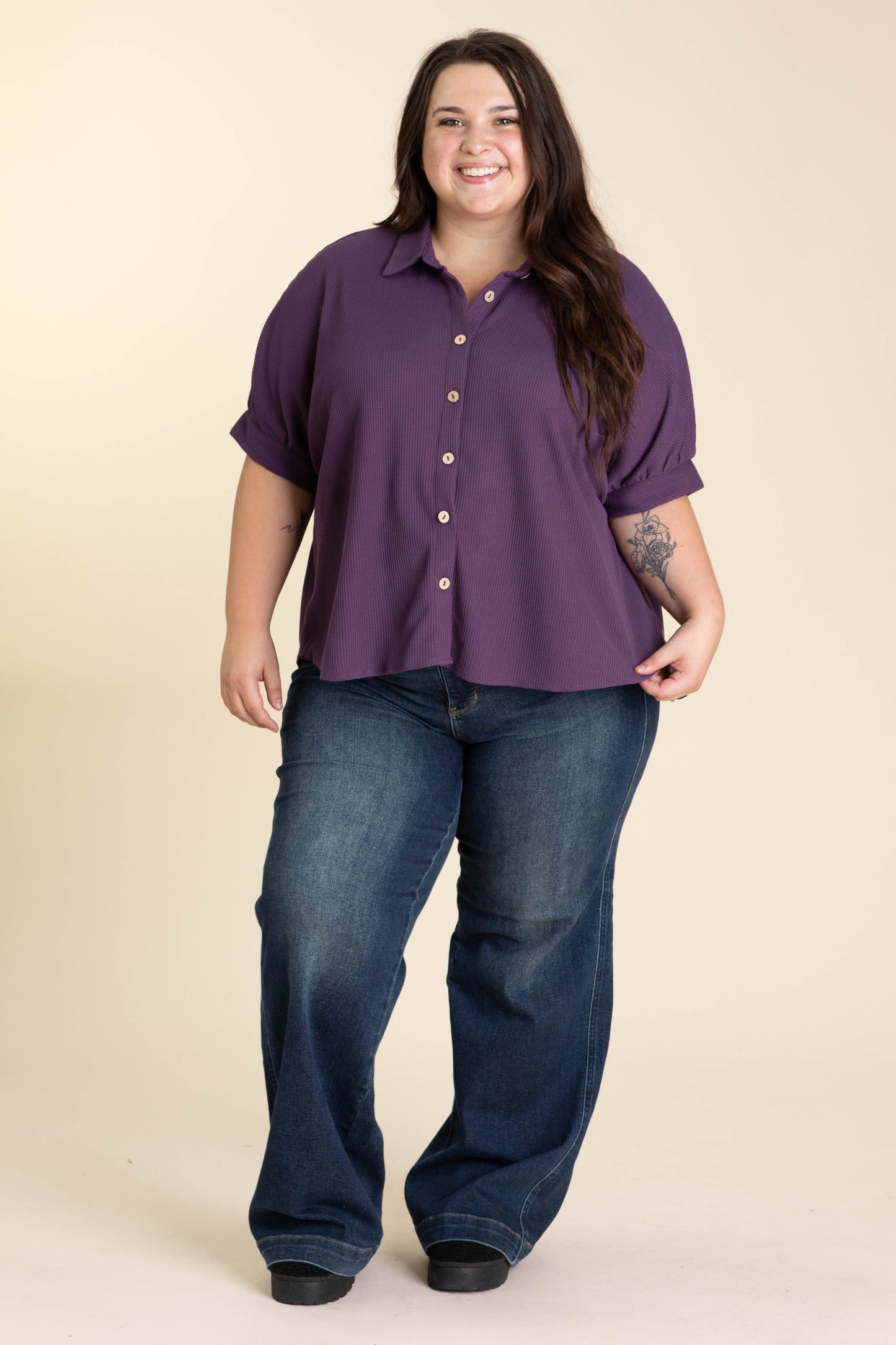 Plum Waffle Short Sleeve Button Down Knit Top