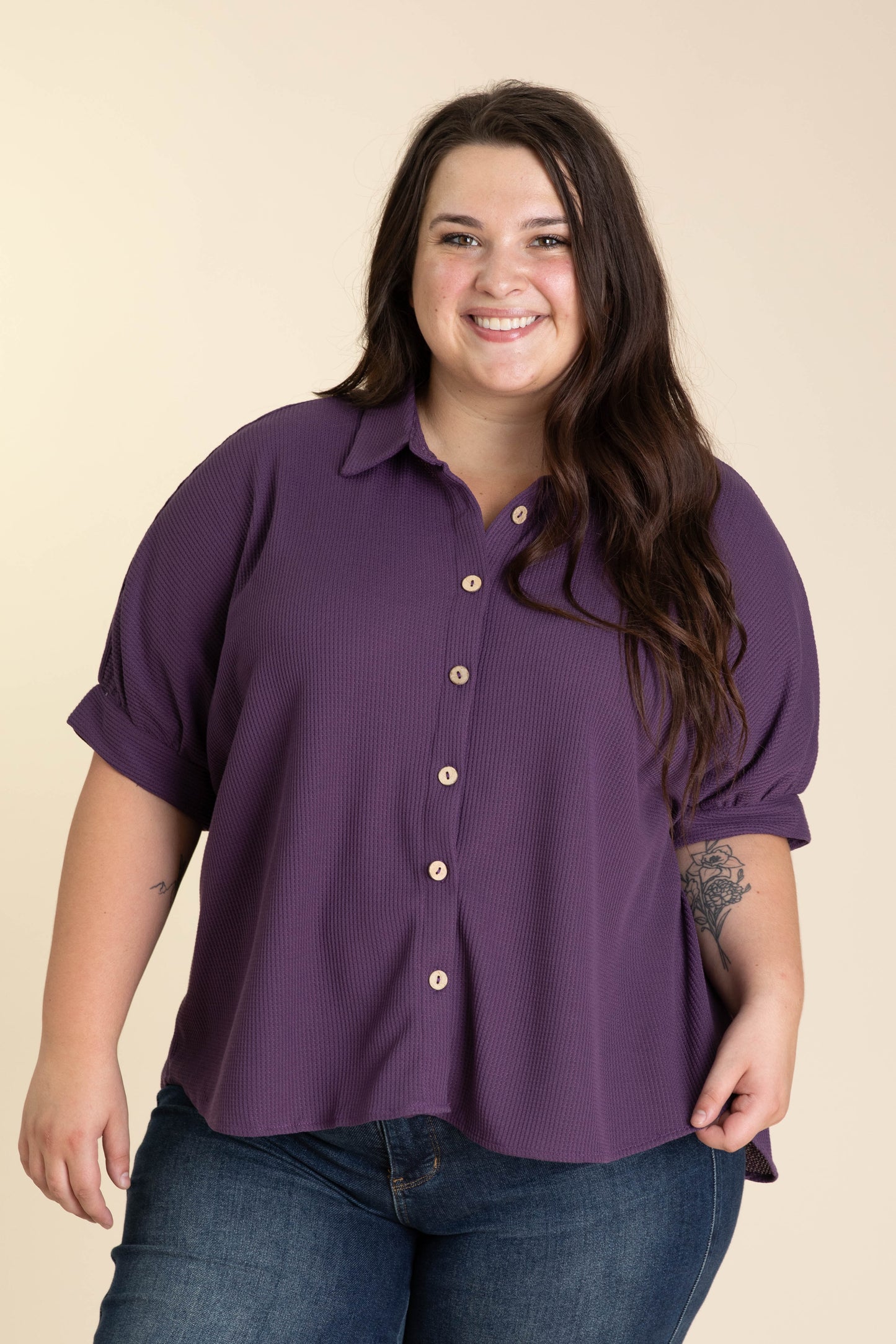 Plum Waffle Short Sleeve Button Down Knit Top