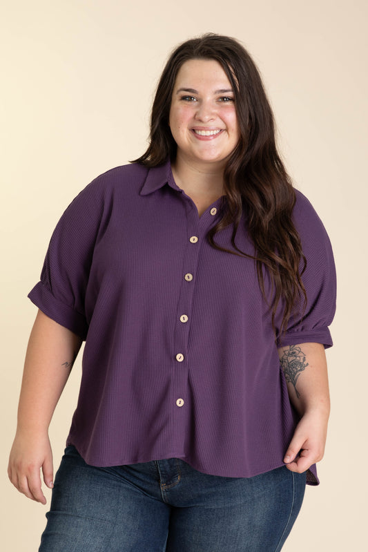 Plum Waffle Short Sleeve Button Down Knit Top