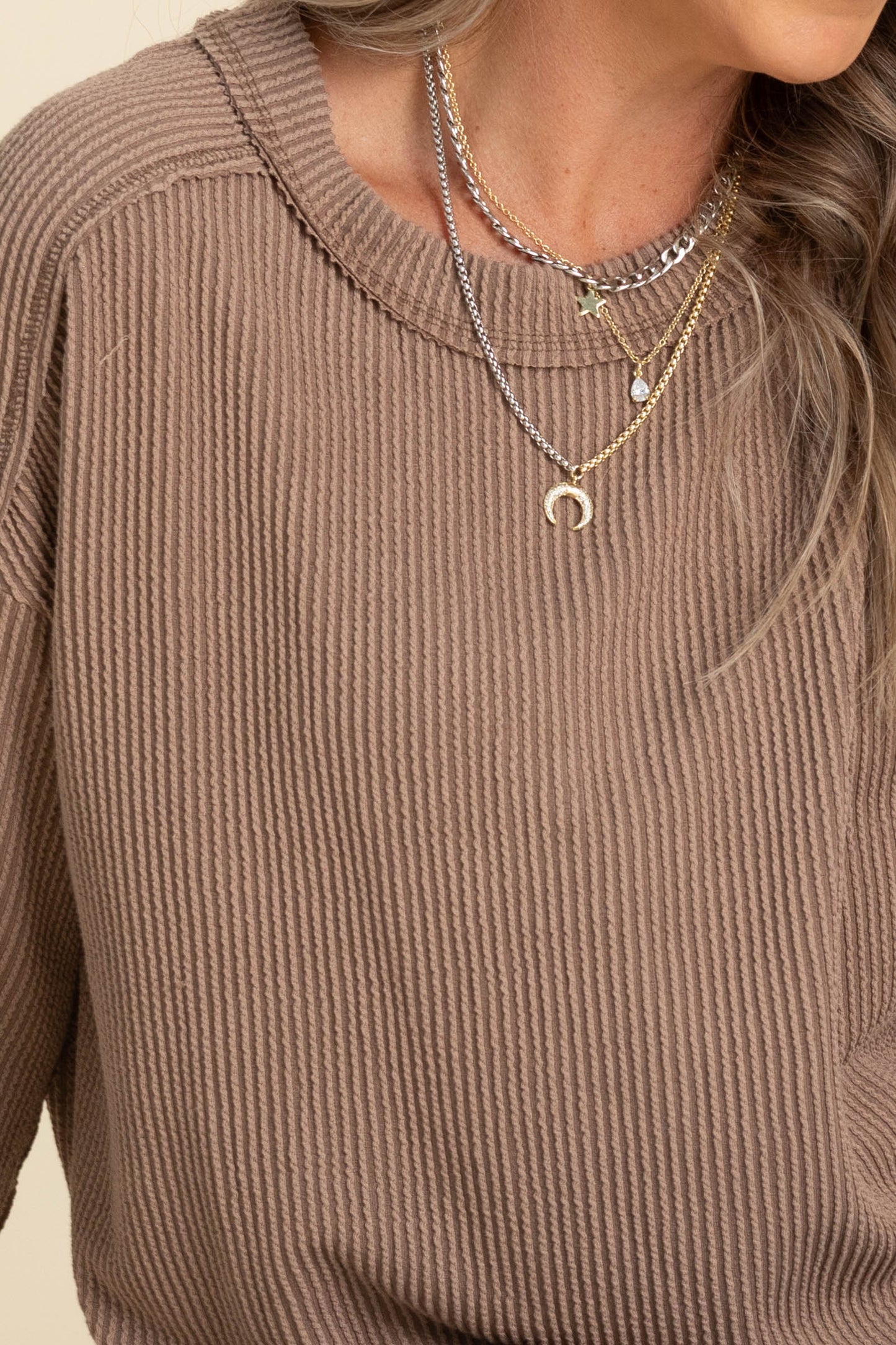 Crewneck Ribbed Long Sleeve Knit Tops