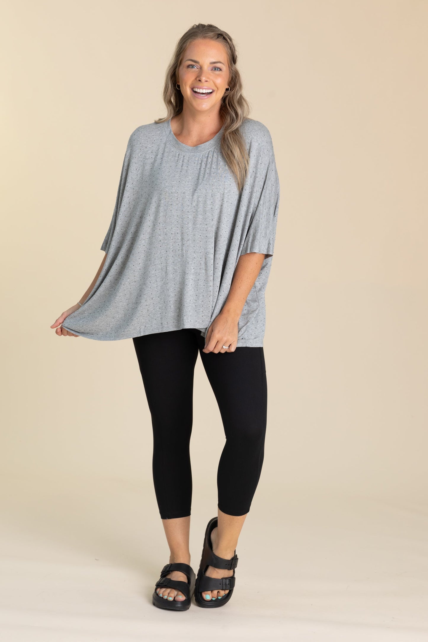 Grey Oversized Mid Sleeve Rhinestone Knit Top