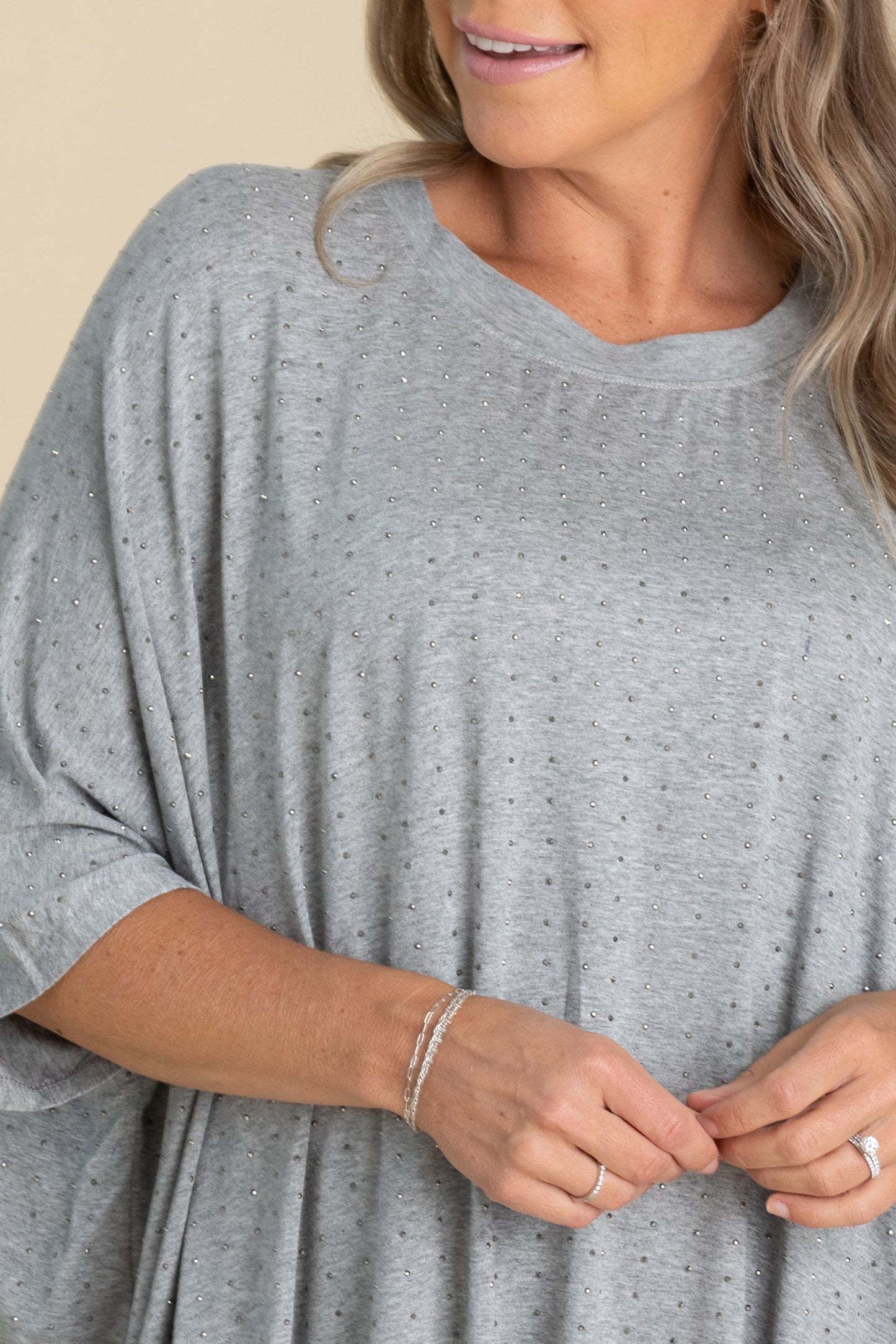 Grey Oversized Mid Sleeve Rhinestone Knit Top