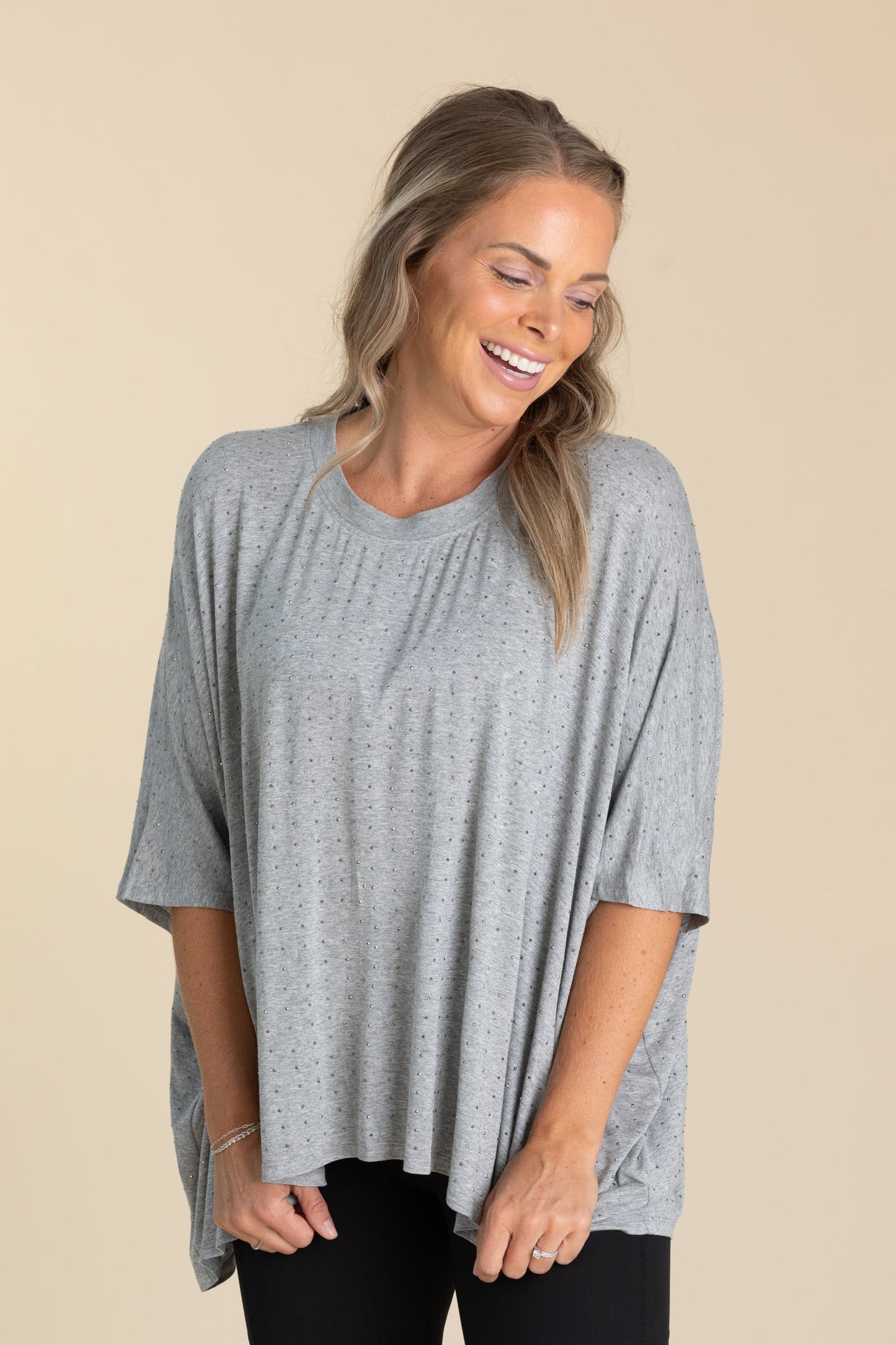 Grey Oversized Mid Sleeve Rhinestone Knit Top