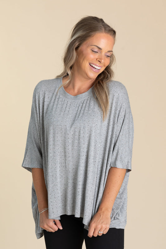 Grey Oversized Mid Sleeve Rhinestone Knit Top