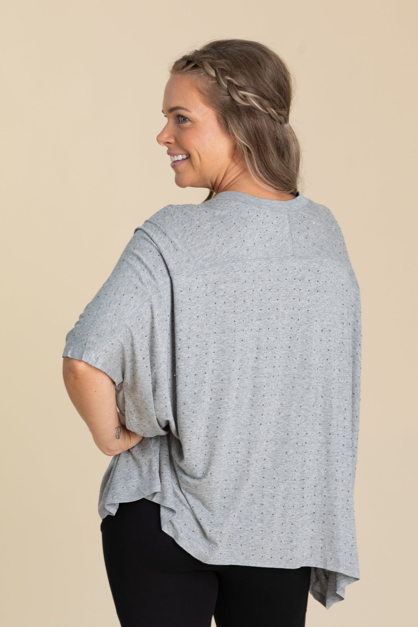 Grey Oversized Mid Sleeve Rhinestone Knit Top
