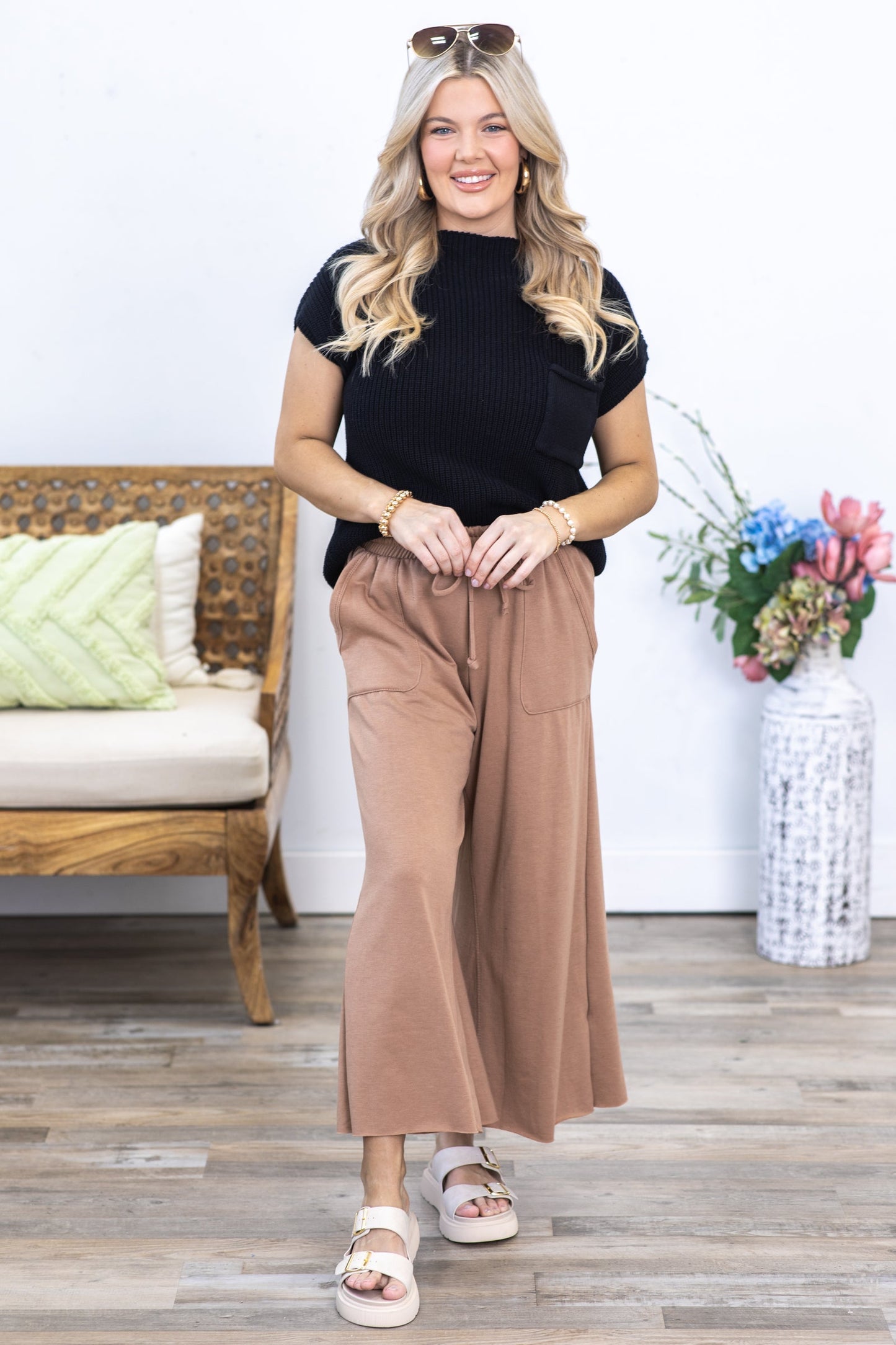Mocha Tie-Wide Waist Banded Crop Pants