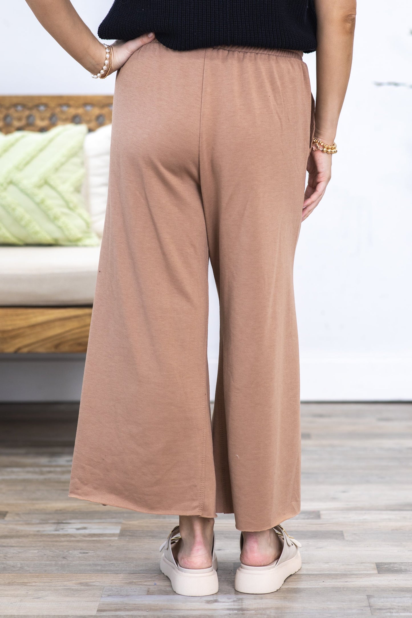 Mocha Tie-Wide Waist Banded Crop Pants