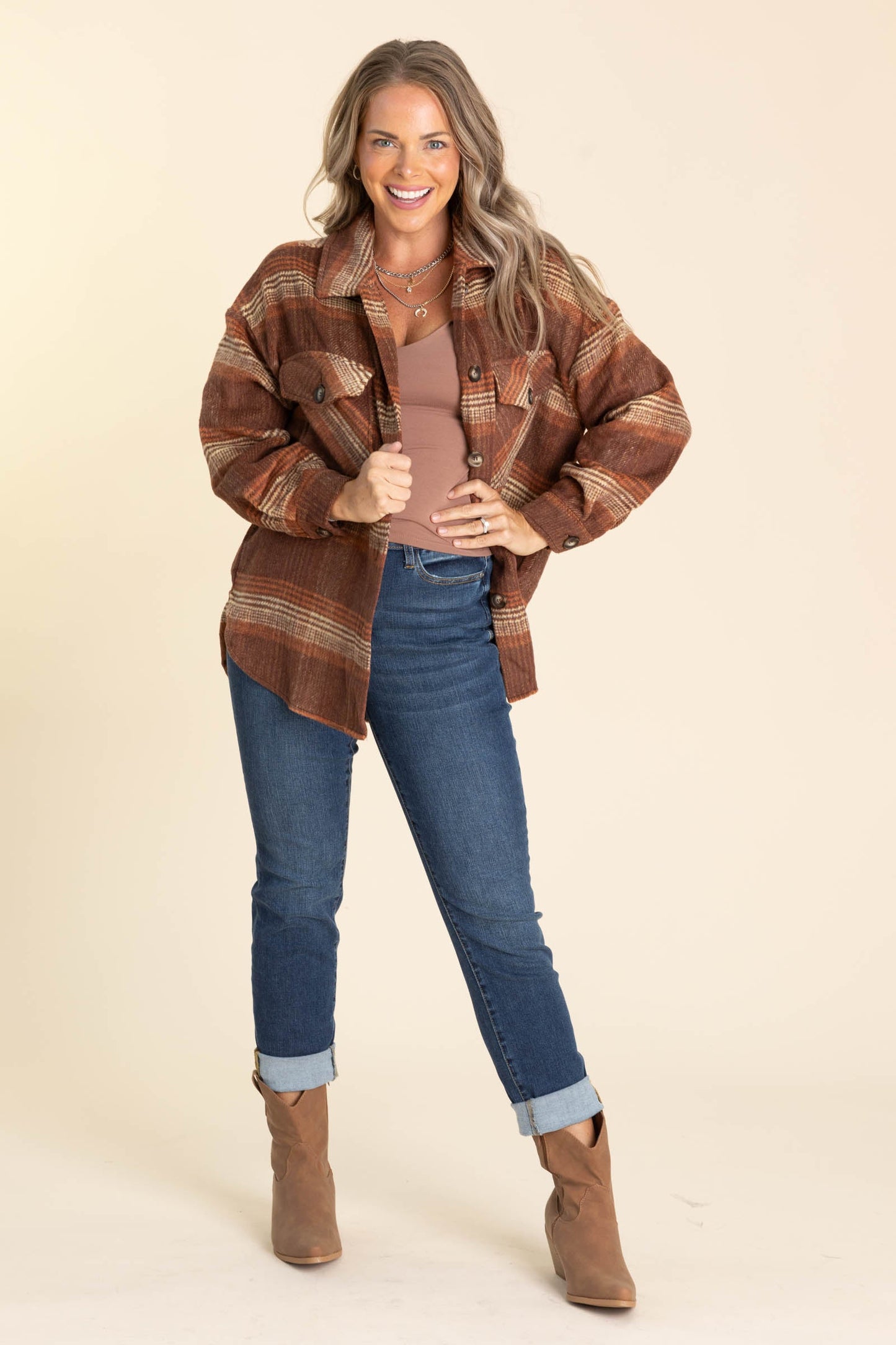 Chestnut And Copper Plaid Print Shacket
