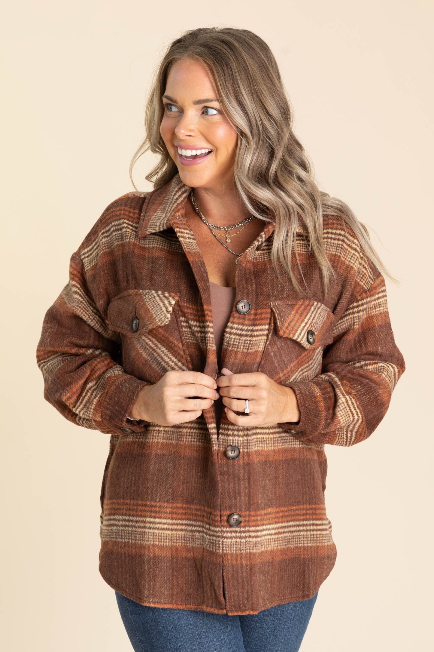 Chestnut And Copper Plaid Print Shacket
