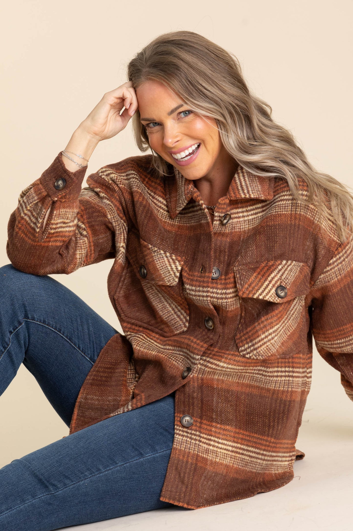 Chestnut And Copper Plaid Print Shacket