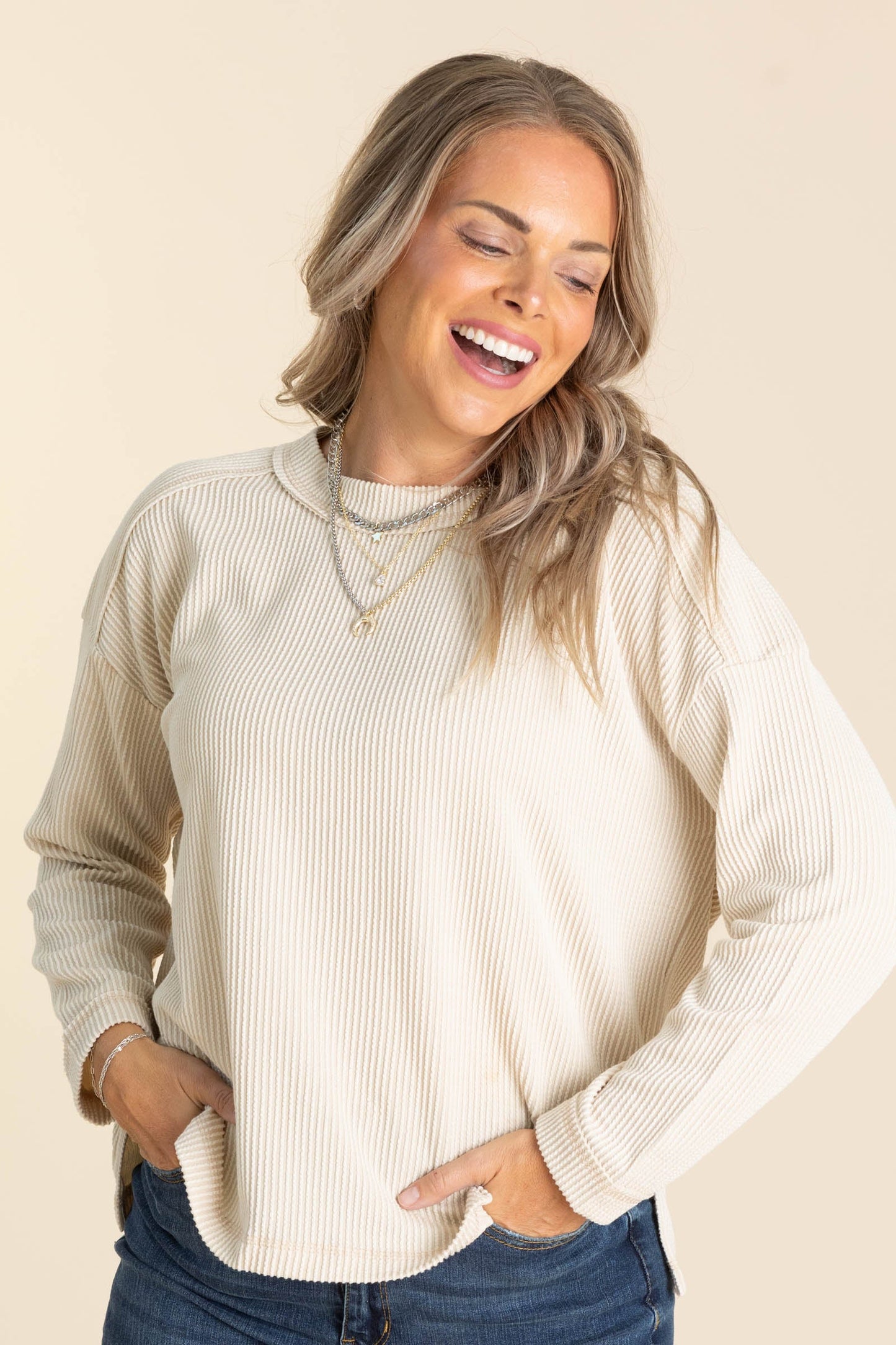 Crewneck Ribbed Long Sleeve Knit Tops