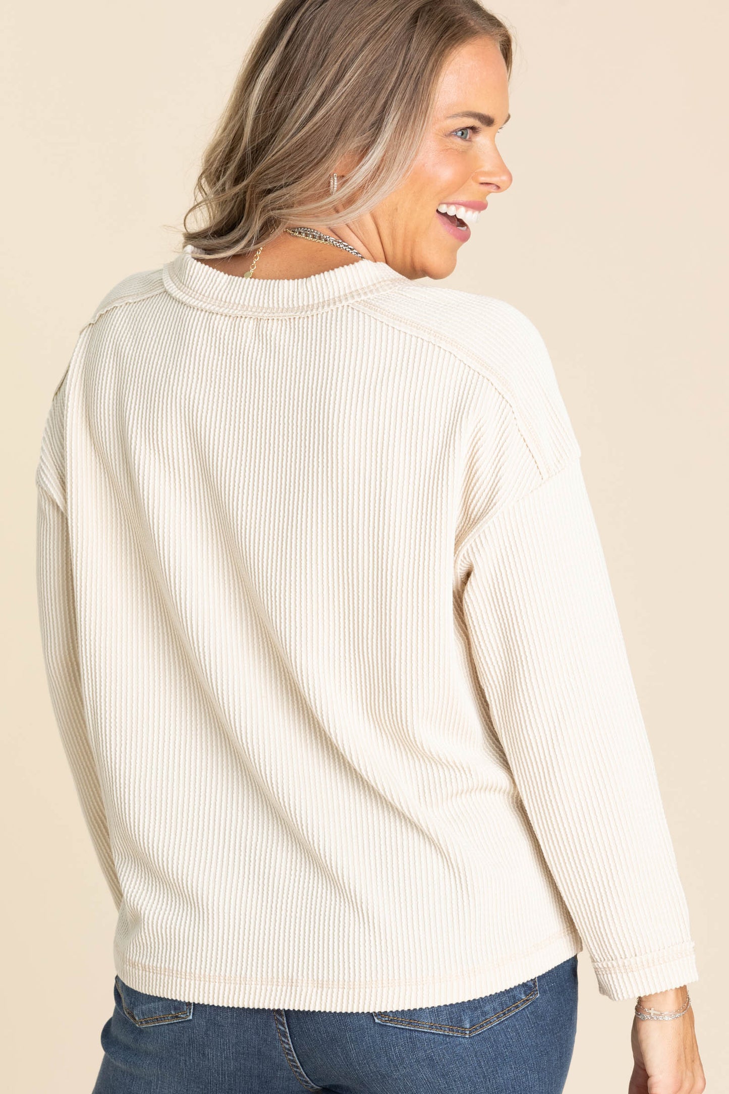 Crewneck Ribbed Long Sleeve Knit Tops