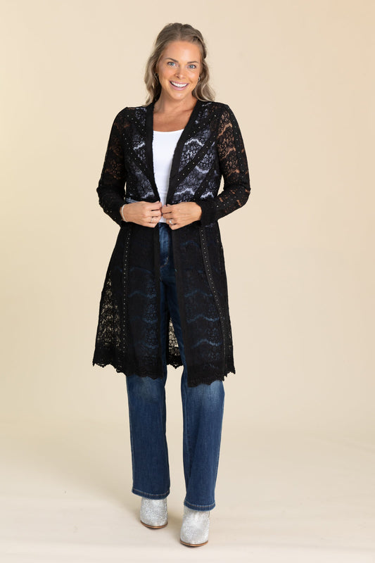 Black Scalloped Hem Lace Knit Cardigan