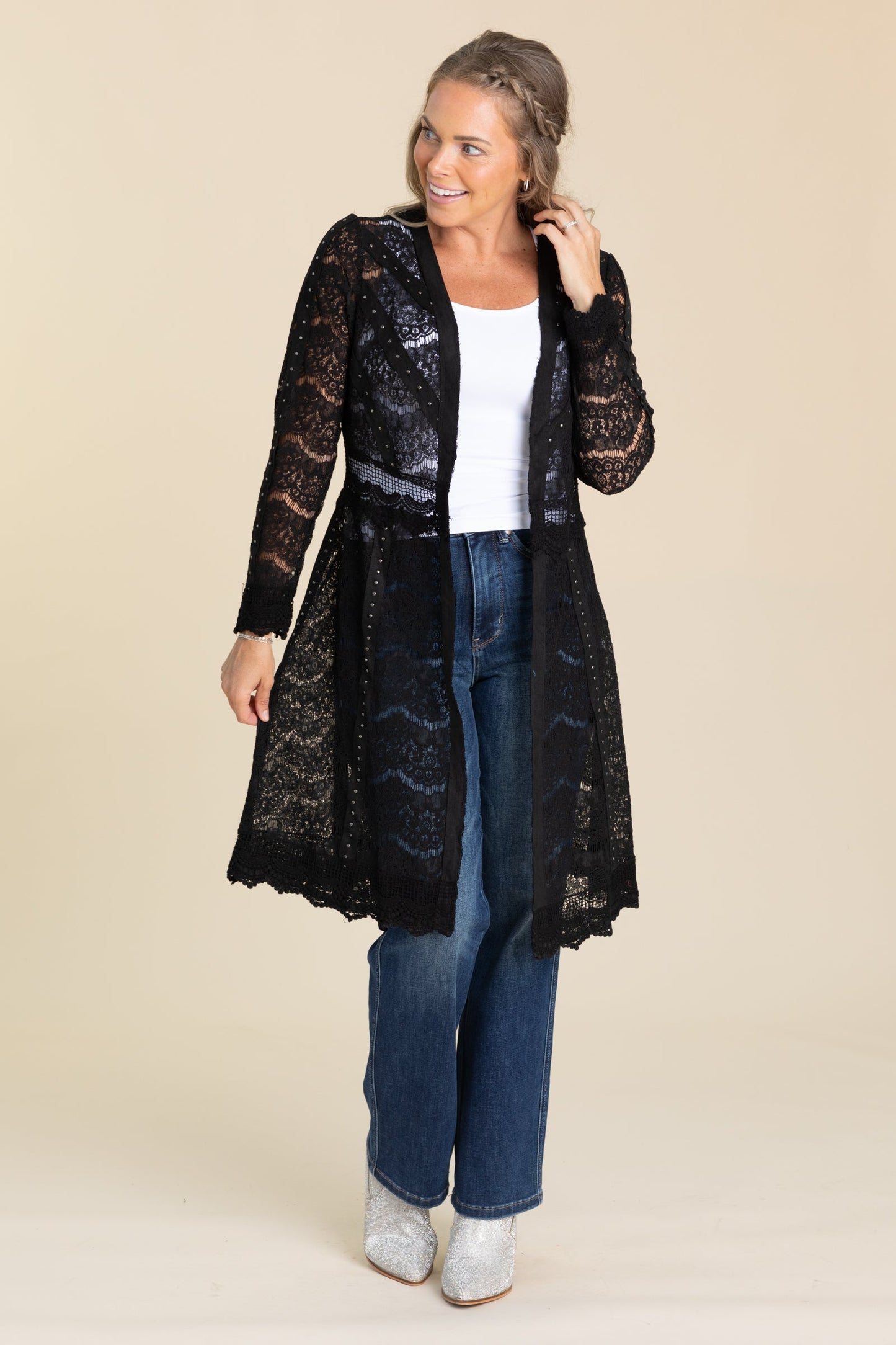 Black Scalloped Hem Lace Knit Cardigan