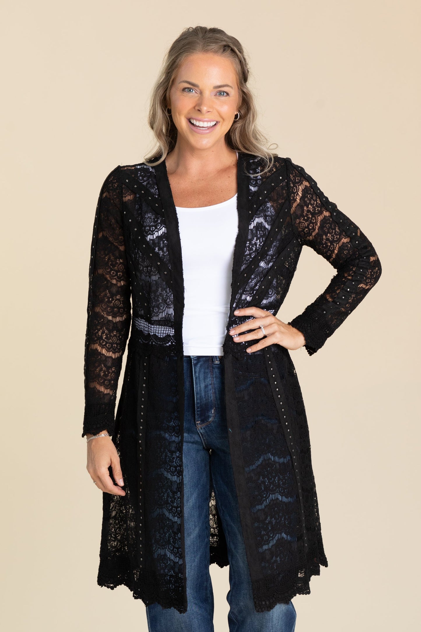 Black Scalloped Hem Lace Knit Cardigan