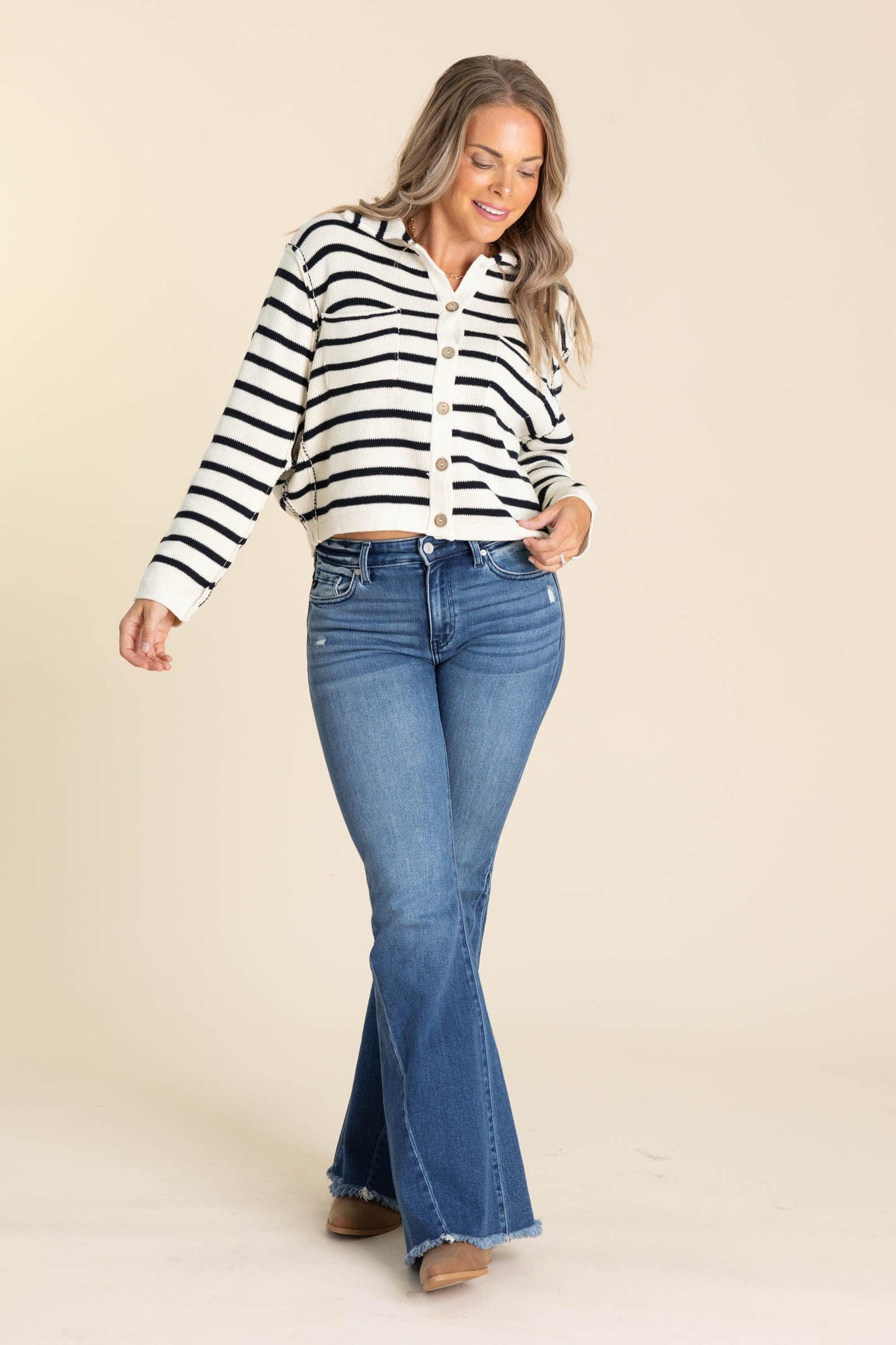 Cream Stripe Collared Exposed Seam Cardigan