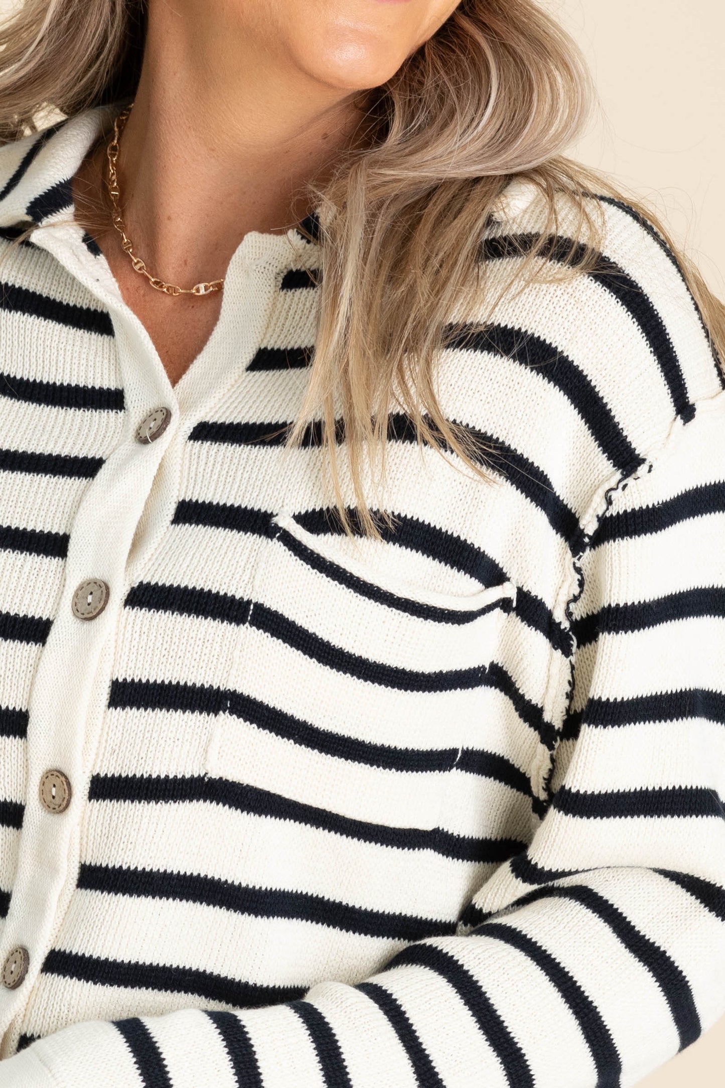 Cream Stripe Collared Exposed Seam Cardigan