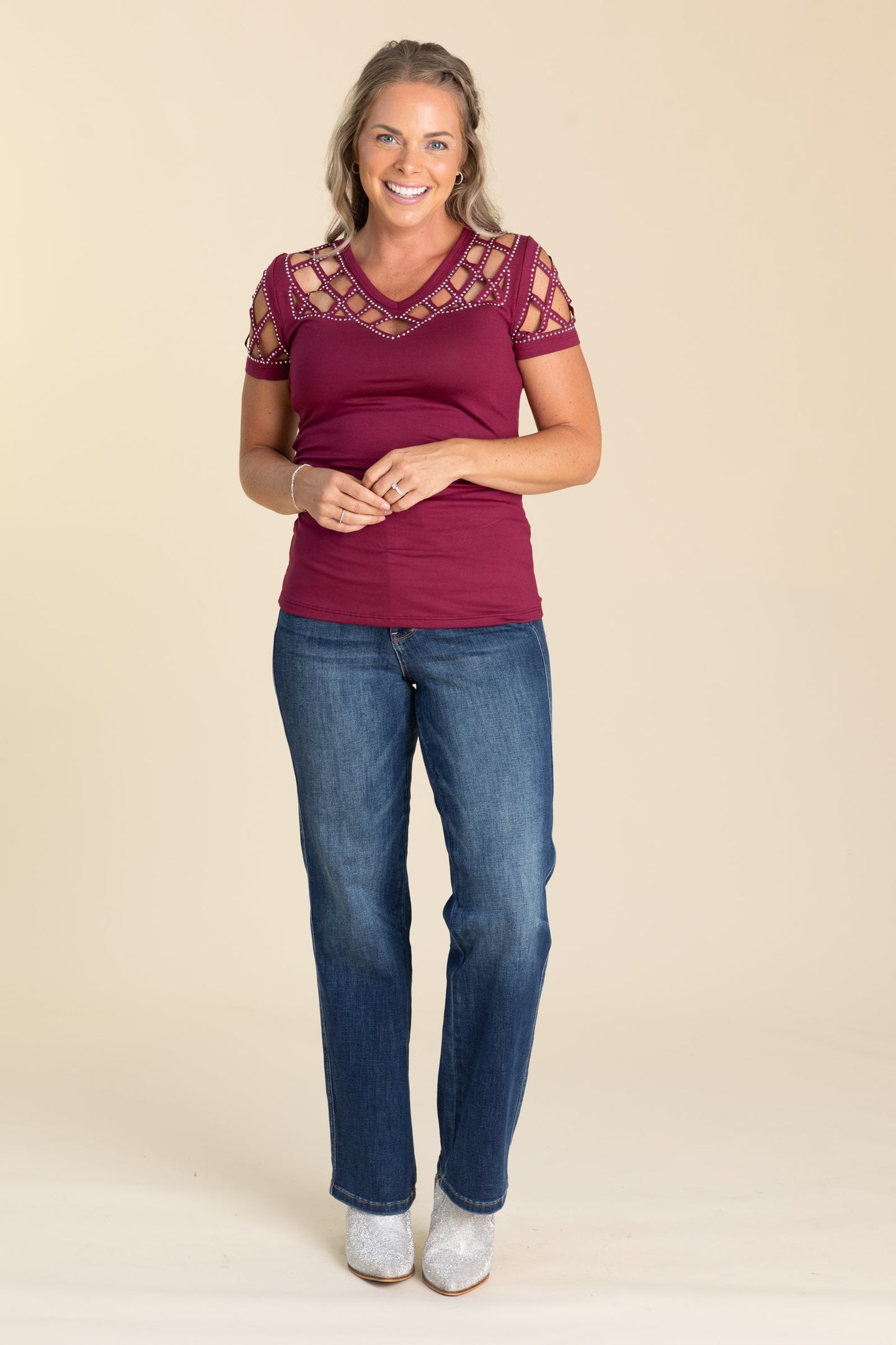 Burgundy Cutout Stud Diamond Pattern Knit Top