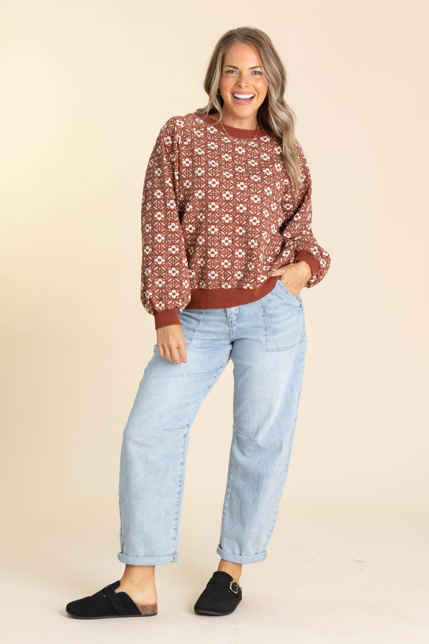 Rust Crewneck Floral Jacquard Knit Top