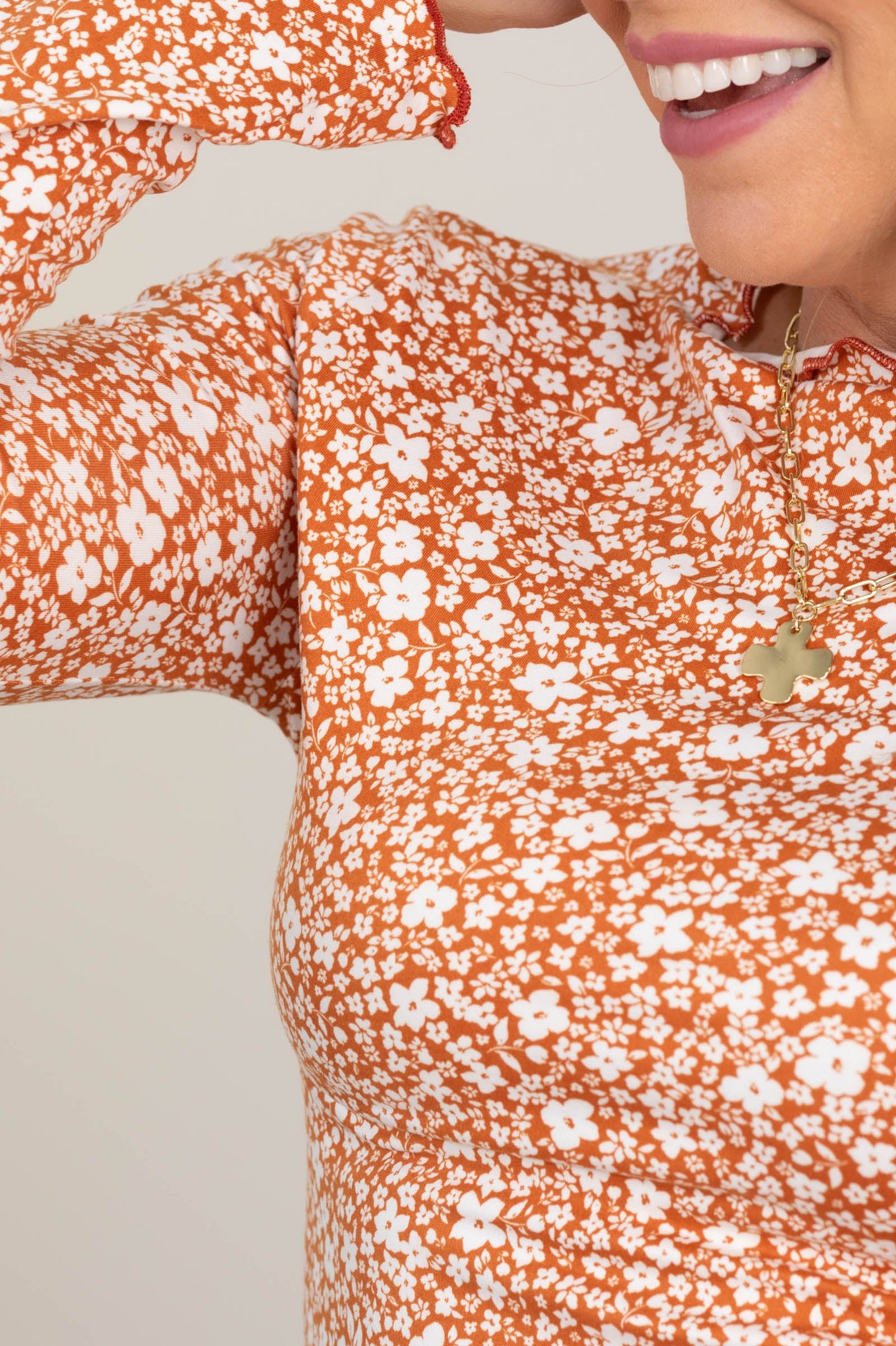 Rust Floral Print Lettuce Hem Top