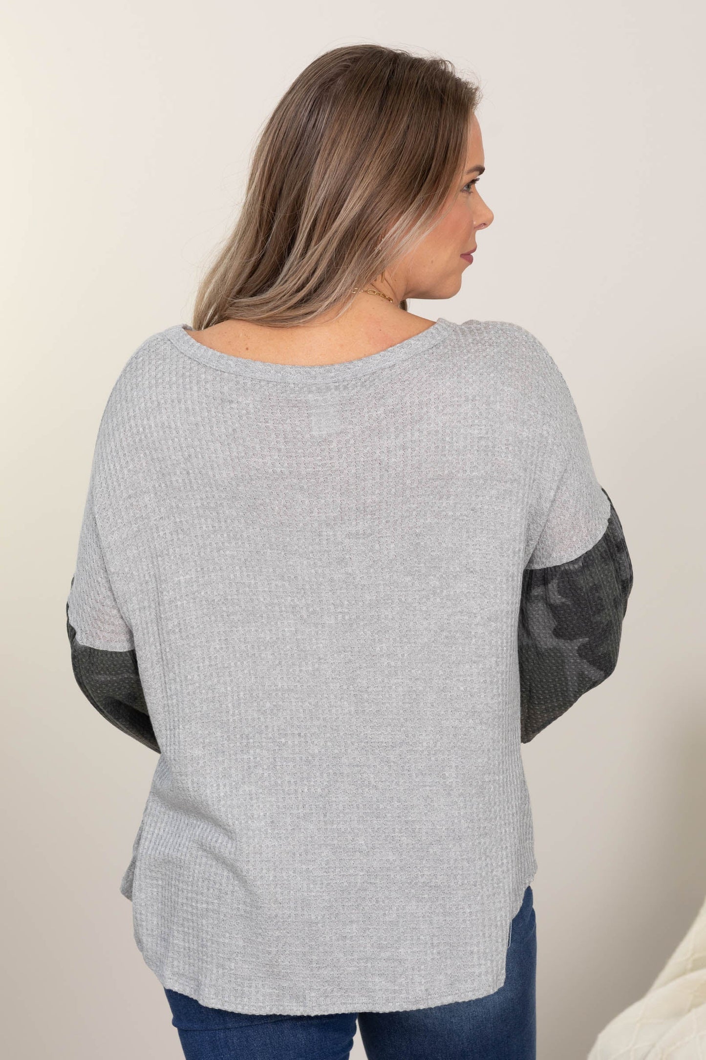Heather Grey With Camo Long Sleeves Knit Top