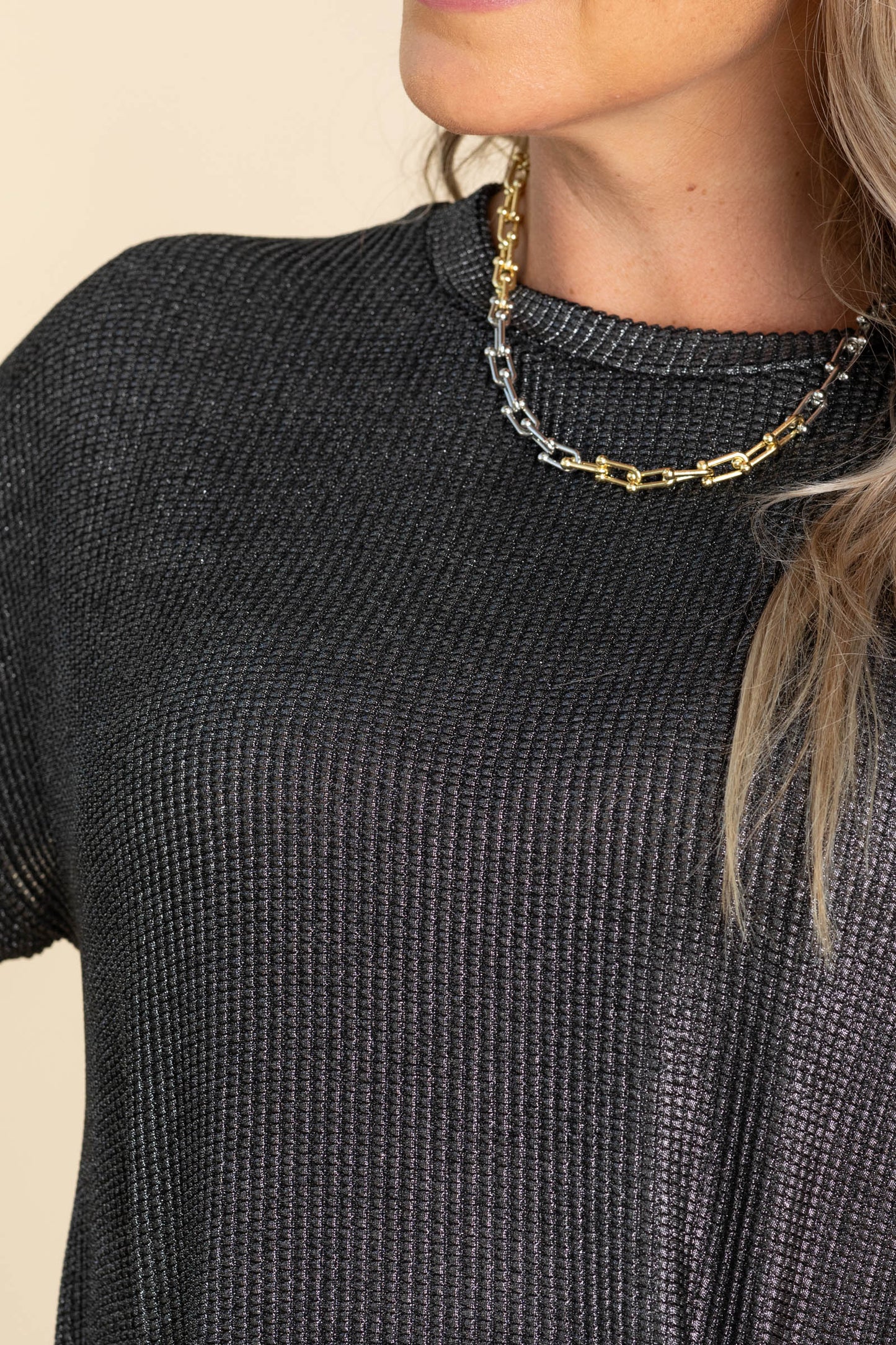 Metallic Black Cap Sleeve Textured Knit Top