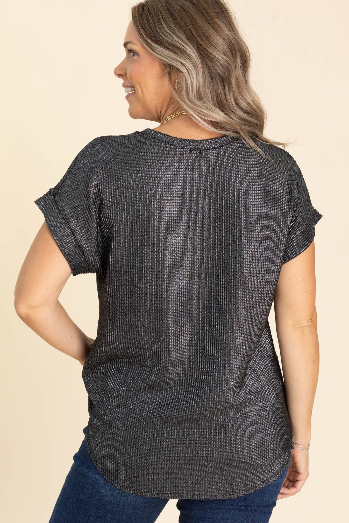 Metallic Black Cap Sleeve Textured Knit Top