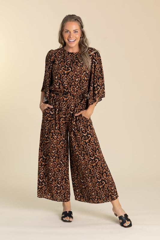 Black And Cinnamon Printed Jumpsuit With Belt