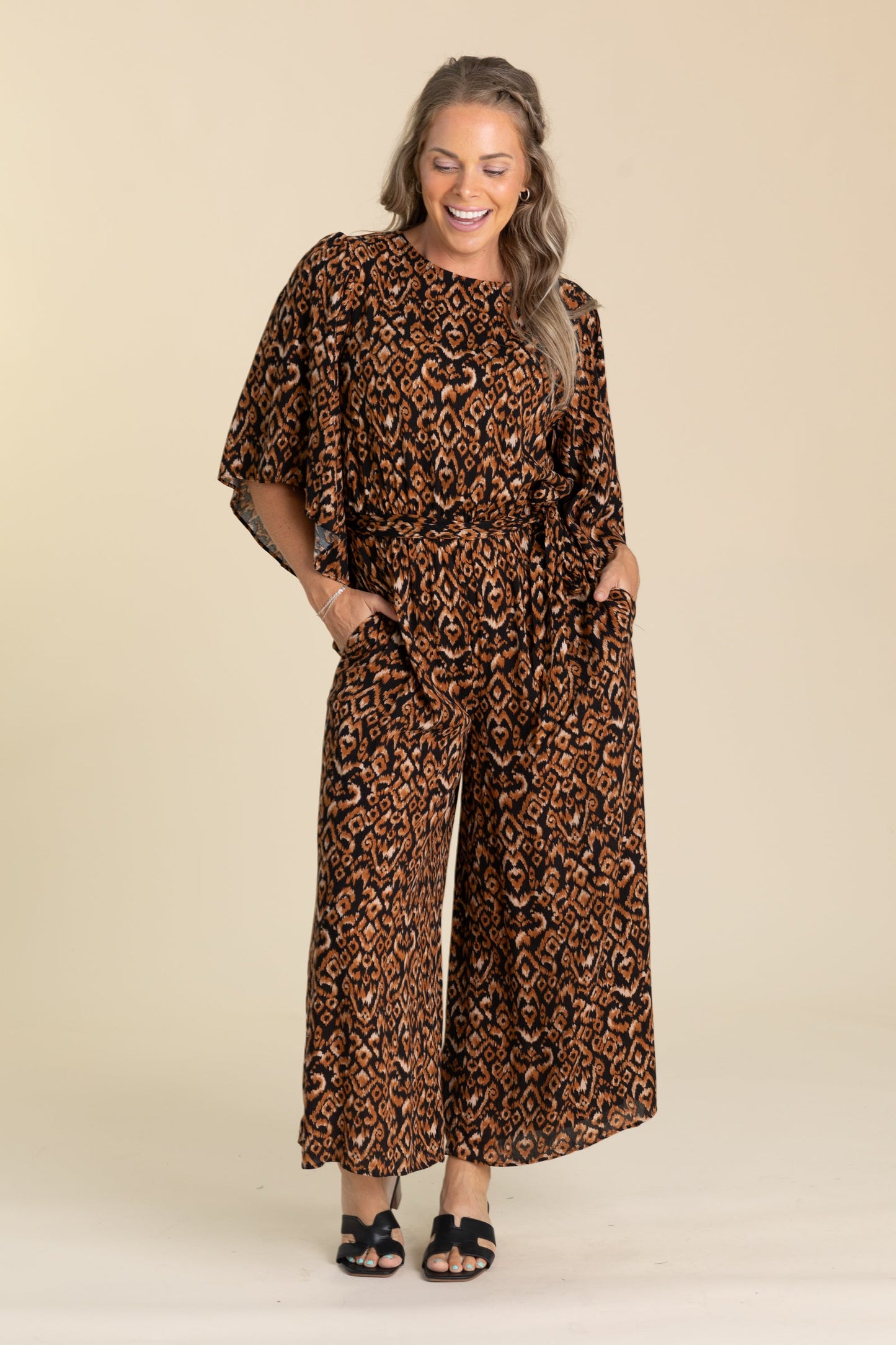 Black And Cinnamon Printed Jumpsuit With Belt