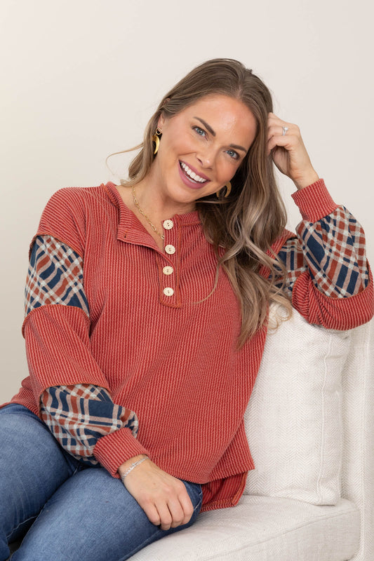 Rib Knit Tops With Colorblock Plaid Sleeves
