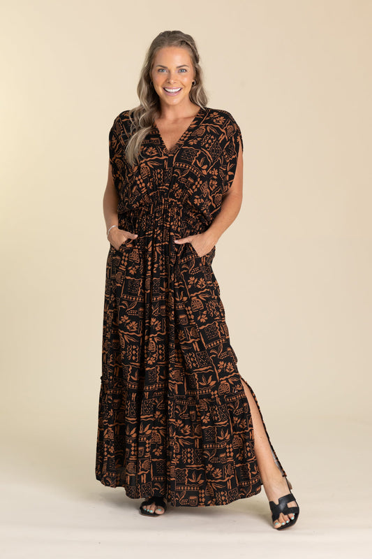 Black And Cinnamon Aztec Printed Maxi Dress